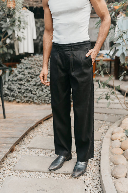 Straight Leg Pleated Linen Pants For Men - Black