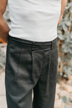 Straight Leg Pleated Linen effect Pants For Men - Black
