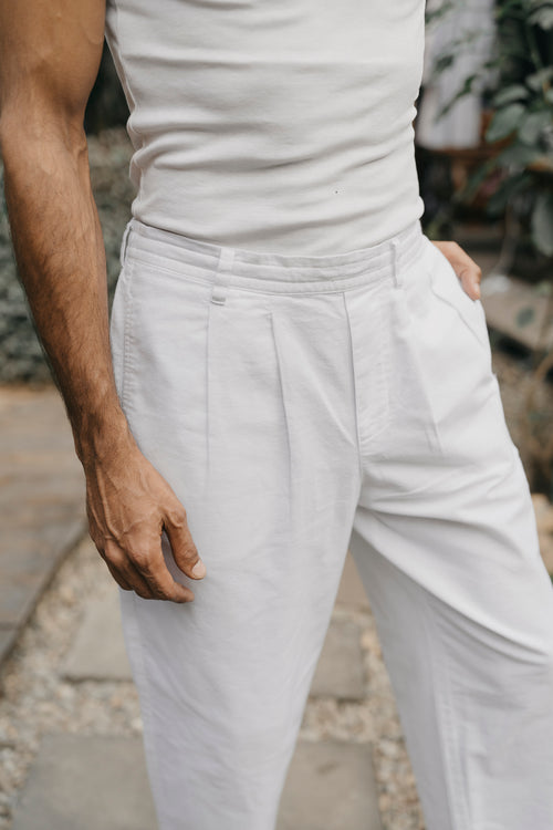 Straight Leg Pleated Linen Pants For Men - White