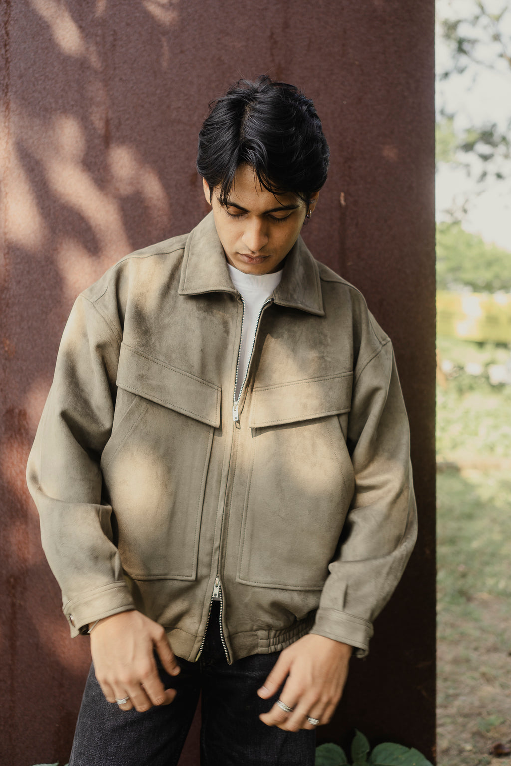 Suede Leather Oversized Jacket for Men - Olive Green