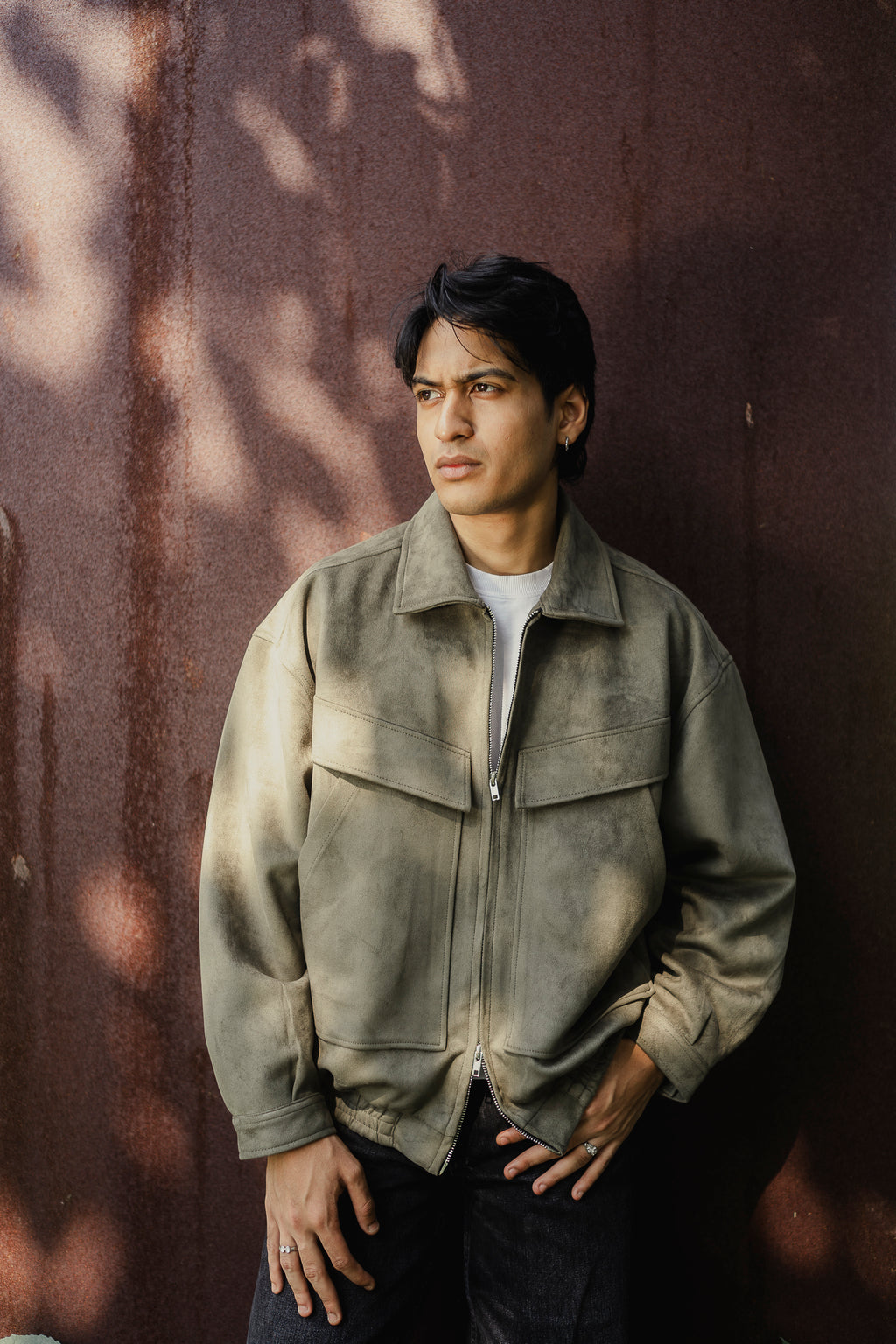 Suede Leather Oversized Jacket for Men - Olive Green