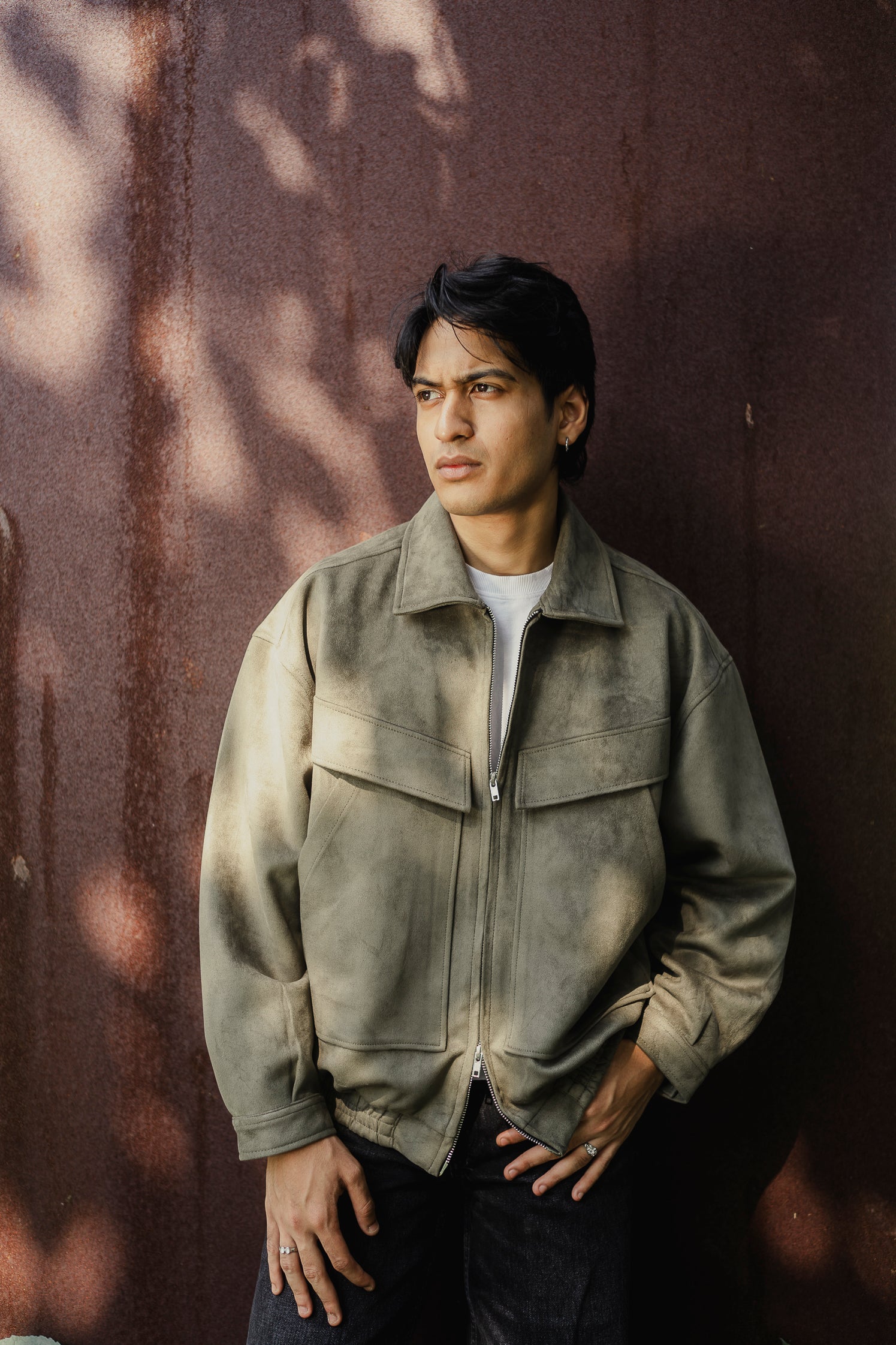 Suede Leather Oversized Jacket for Men - Olive Green