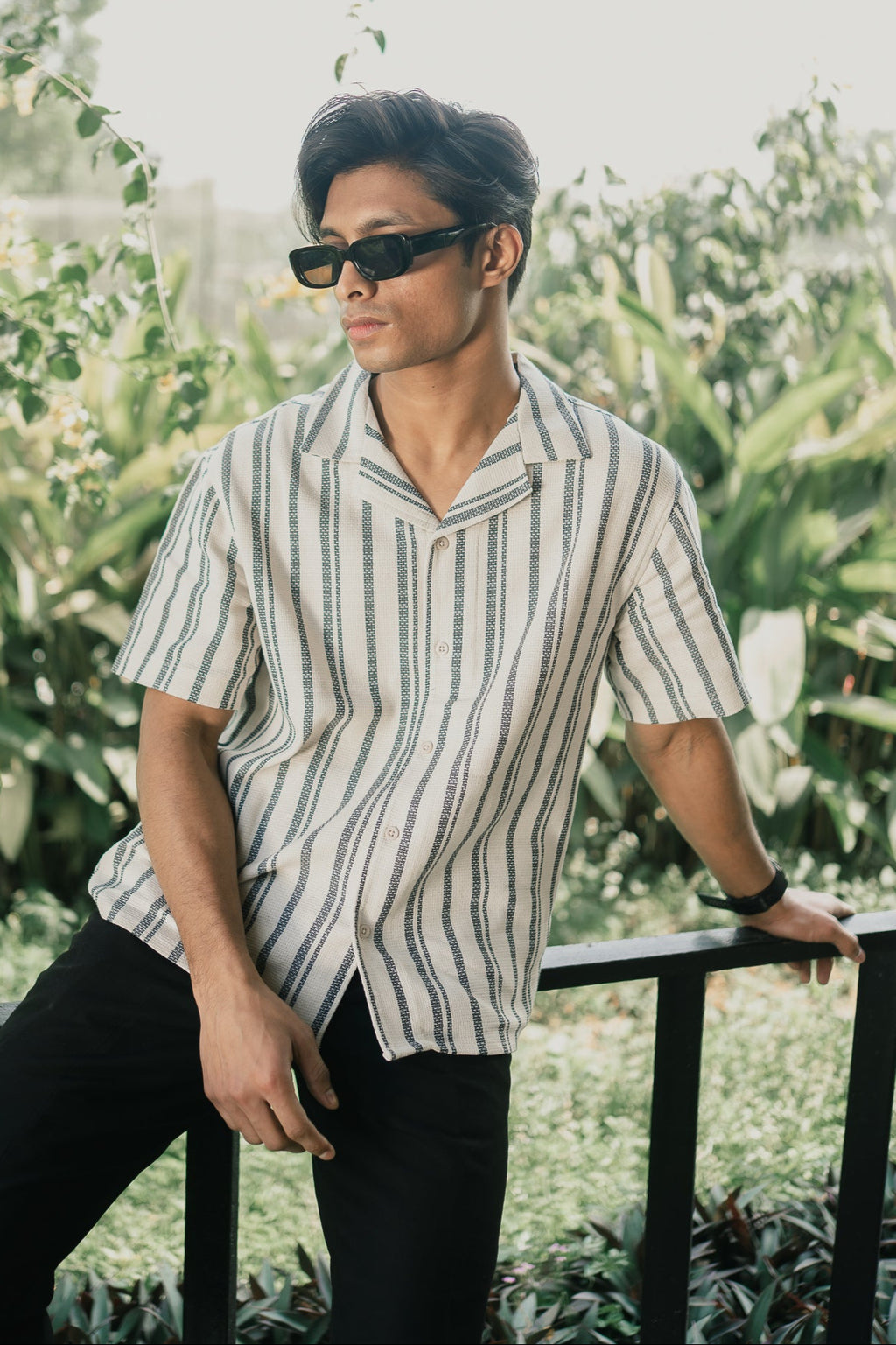 Revere Cuba - White and Faded Black Stripe Textured Cuba - Revere Shirt For Men