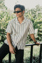 Revere Cuba - White and Faded Black Stripe Textured Cuba - Revere Shirt For Men