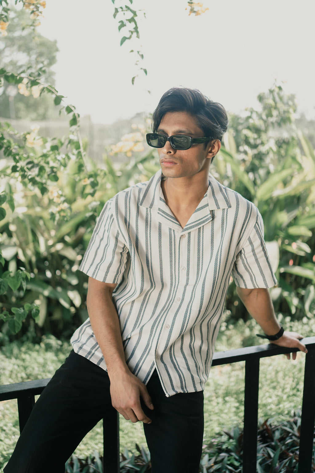 Revere Cuba - White and Faded Black Stripe Textured Cuba - Revere Shirt For Men