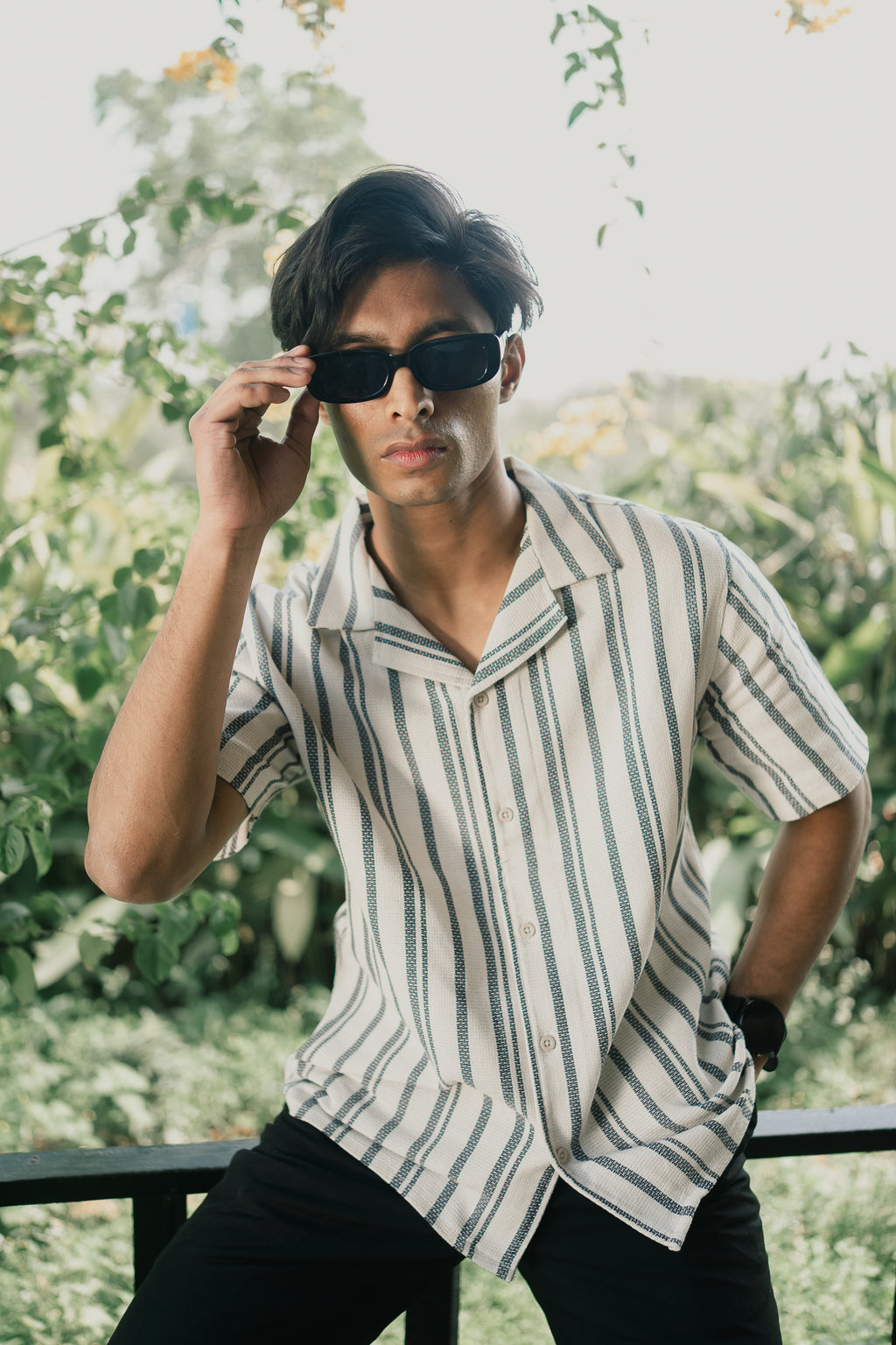Revere Cuba - White and Faded Black Stripe Textured Cuba - Revere Shirt For Men