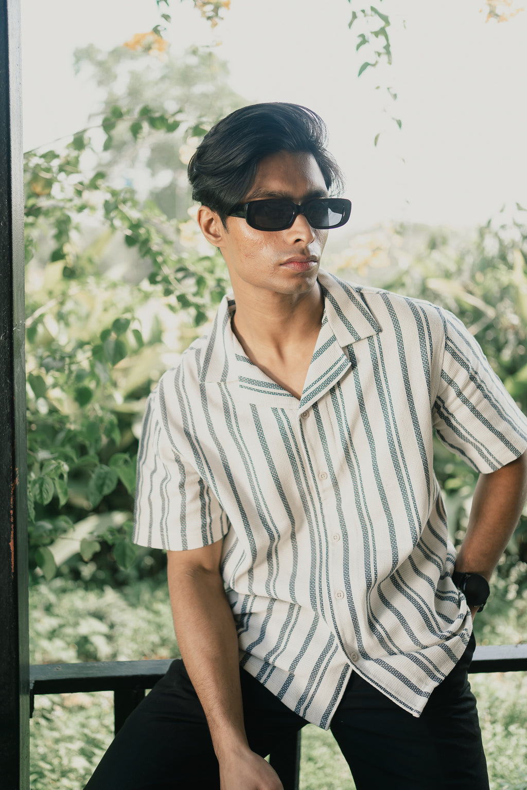 Revere Cuba - White and Faded Black Stripe Textured Cuba - Revere Shirt For Men