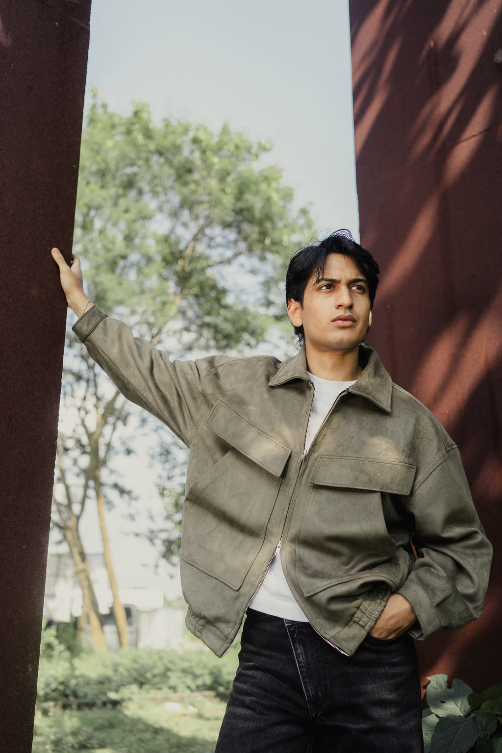 Suede Leather Oversized Jacket for Men - Olive Green