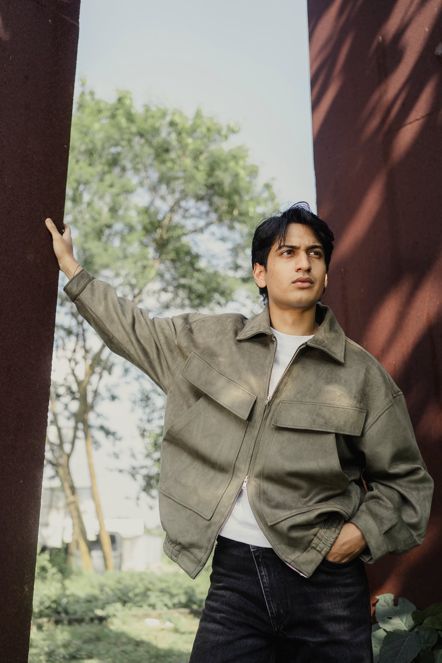 Suede Leather Oversized Jacket for Men - Olive Green