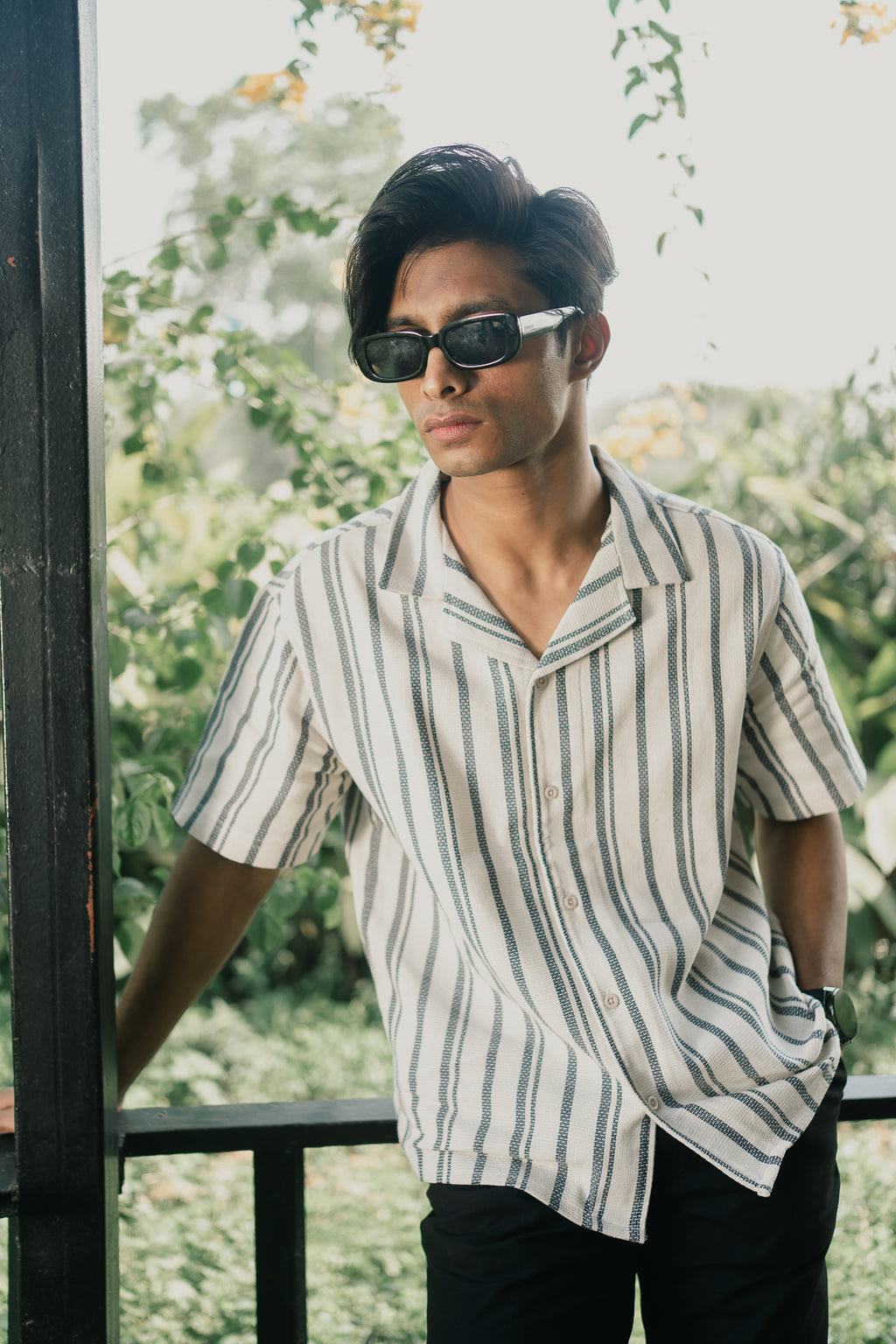 Revere Cuba - White and Faded Black Stripe Textured Cuba - Revere Shirt For Men