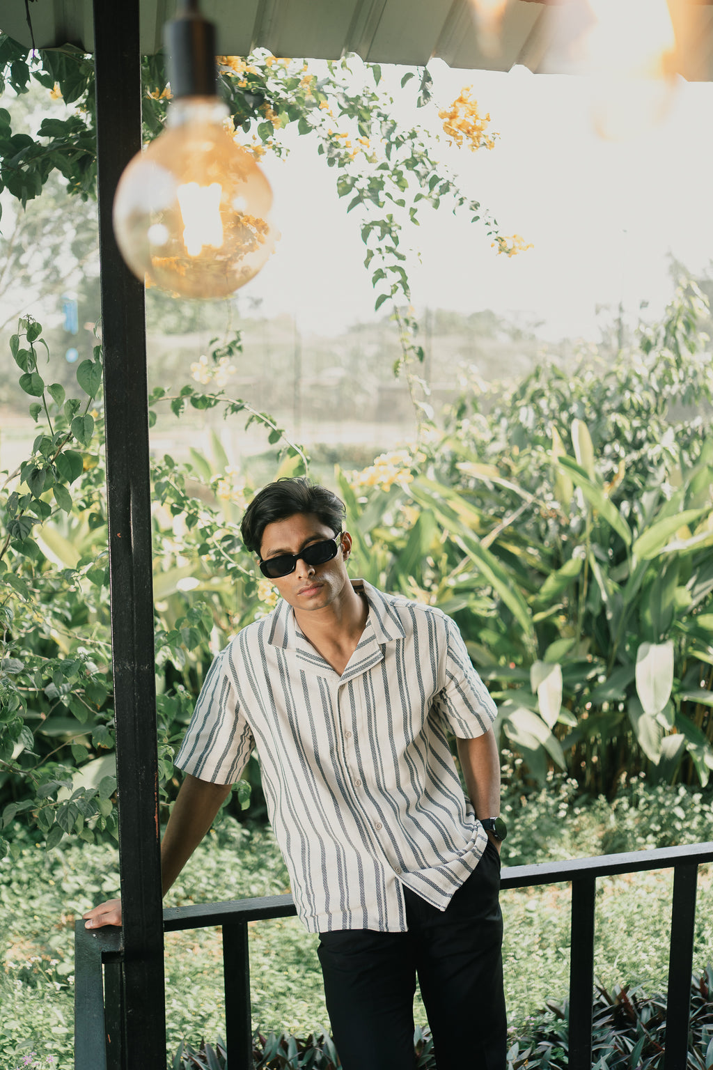Revere Cuba - White and Faded Black Stripe Textured Cuba - Revere Shirt For Men