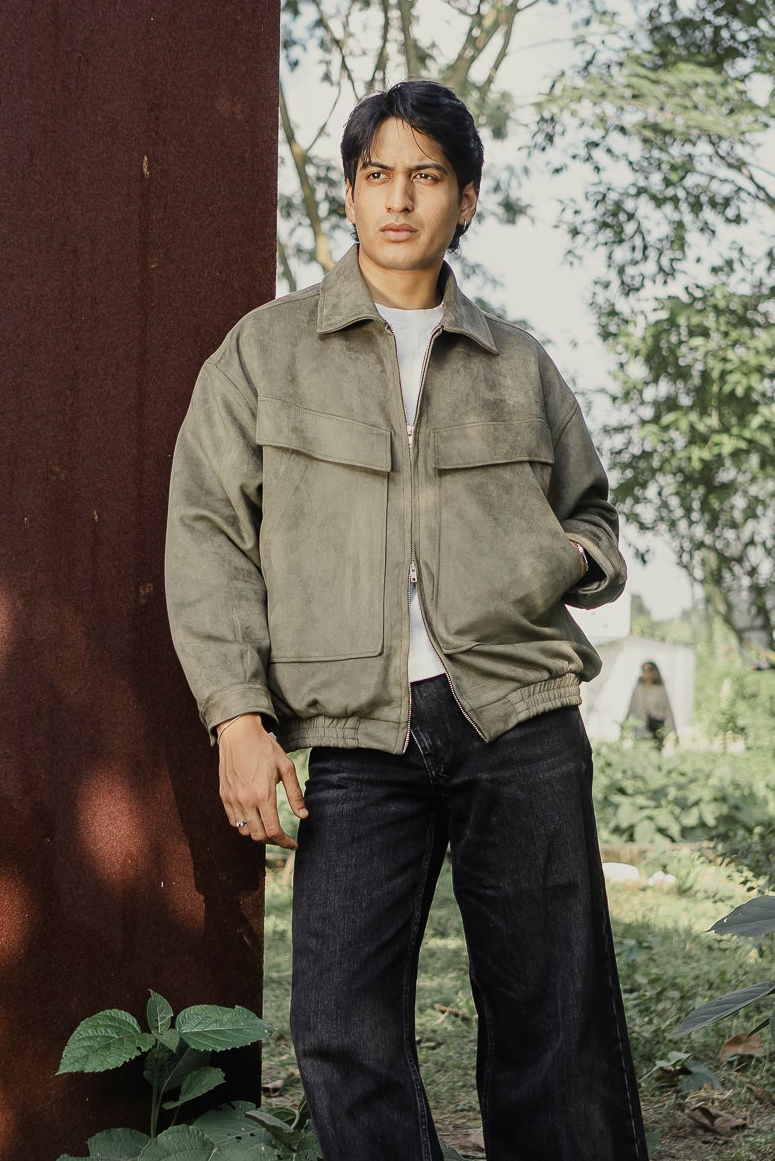 Suede Leather Oversized Jacket for Men - Olive Green