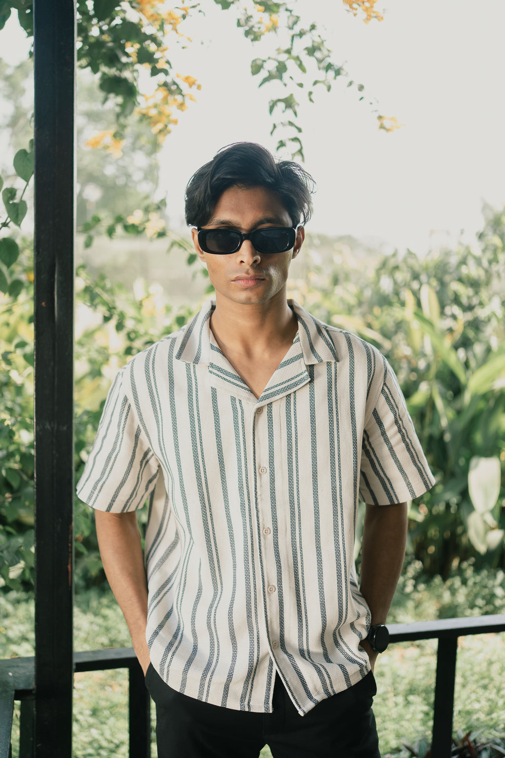 Revere Cuba - White and Faded Black Stripe Textured Cuba - Revere Shirt For Men