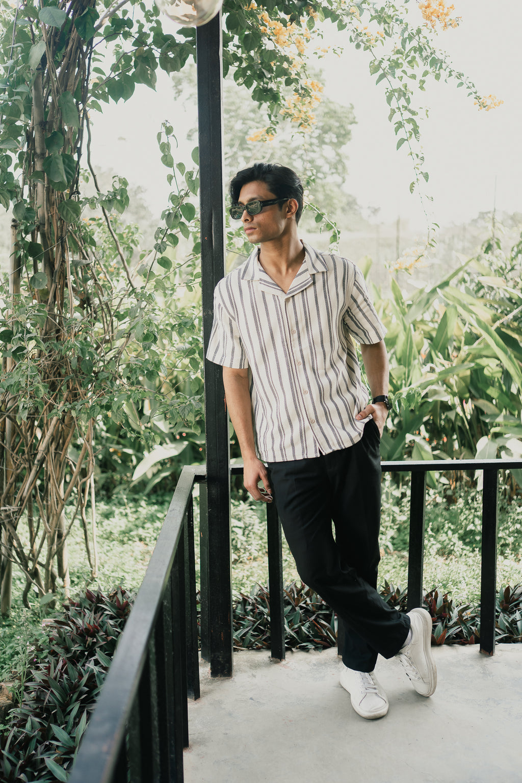 Revere Cuba - White and Faded Black Stripe Textured Cuba - Revere Shirt For Men