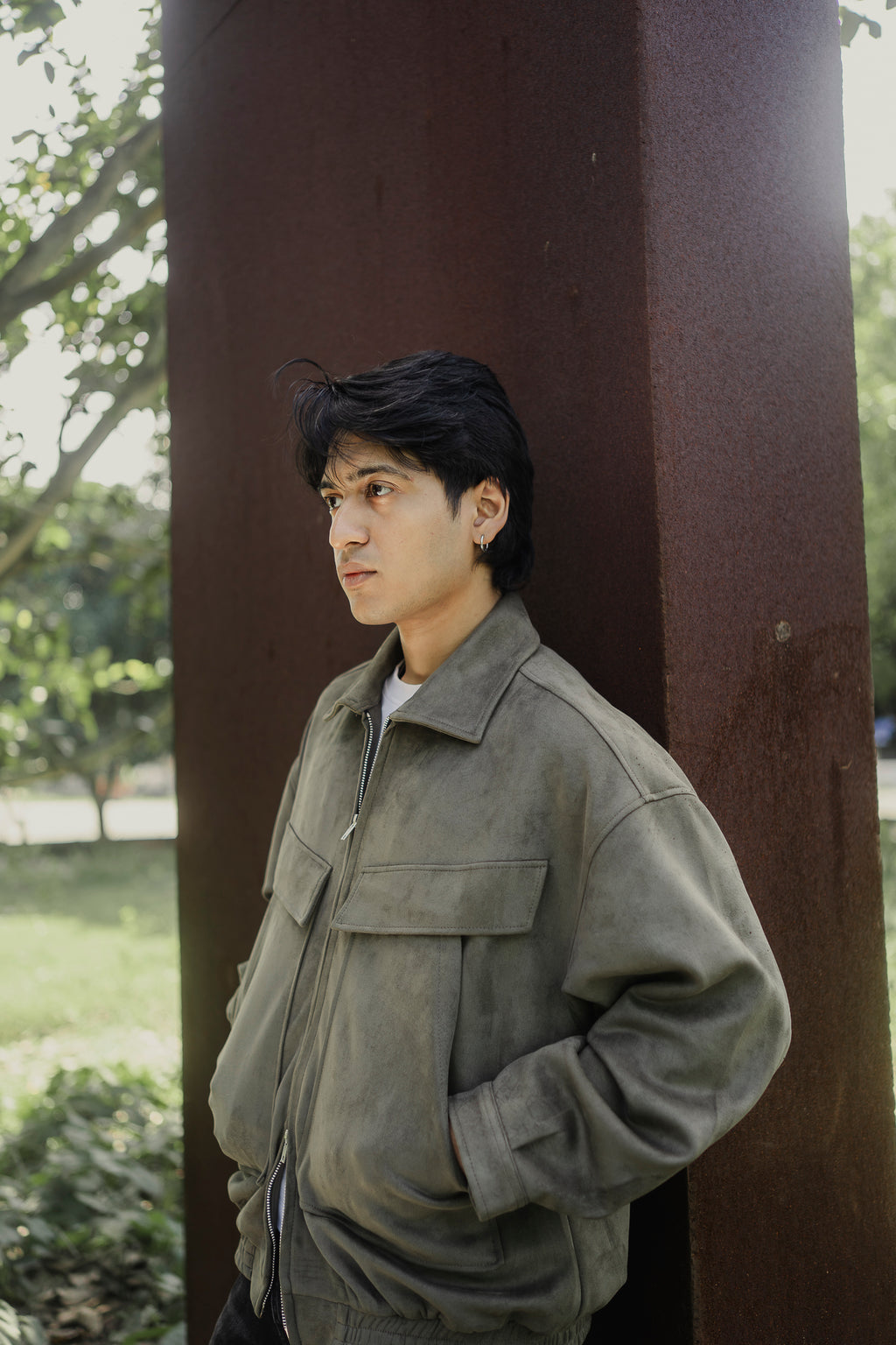 Suede Leather Oversized Jacket for Men - Olive Green