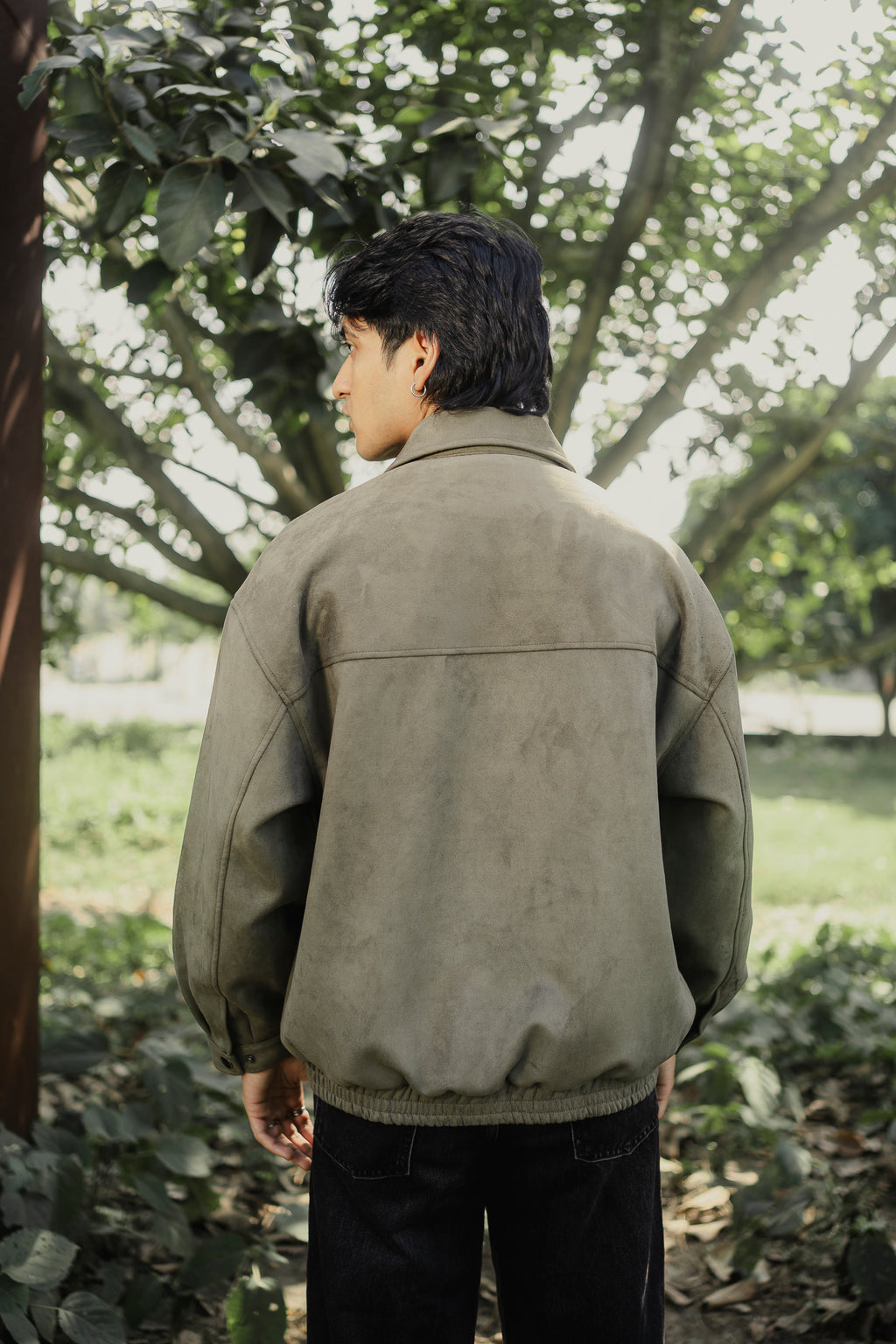 Suede Leather Oversized Jacket for Men - Olive Green