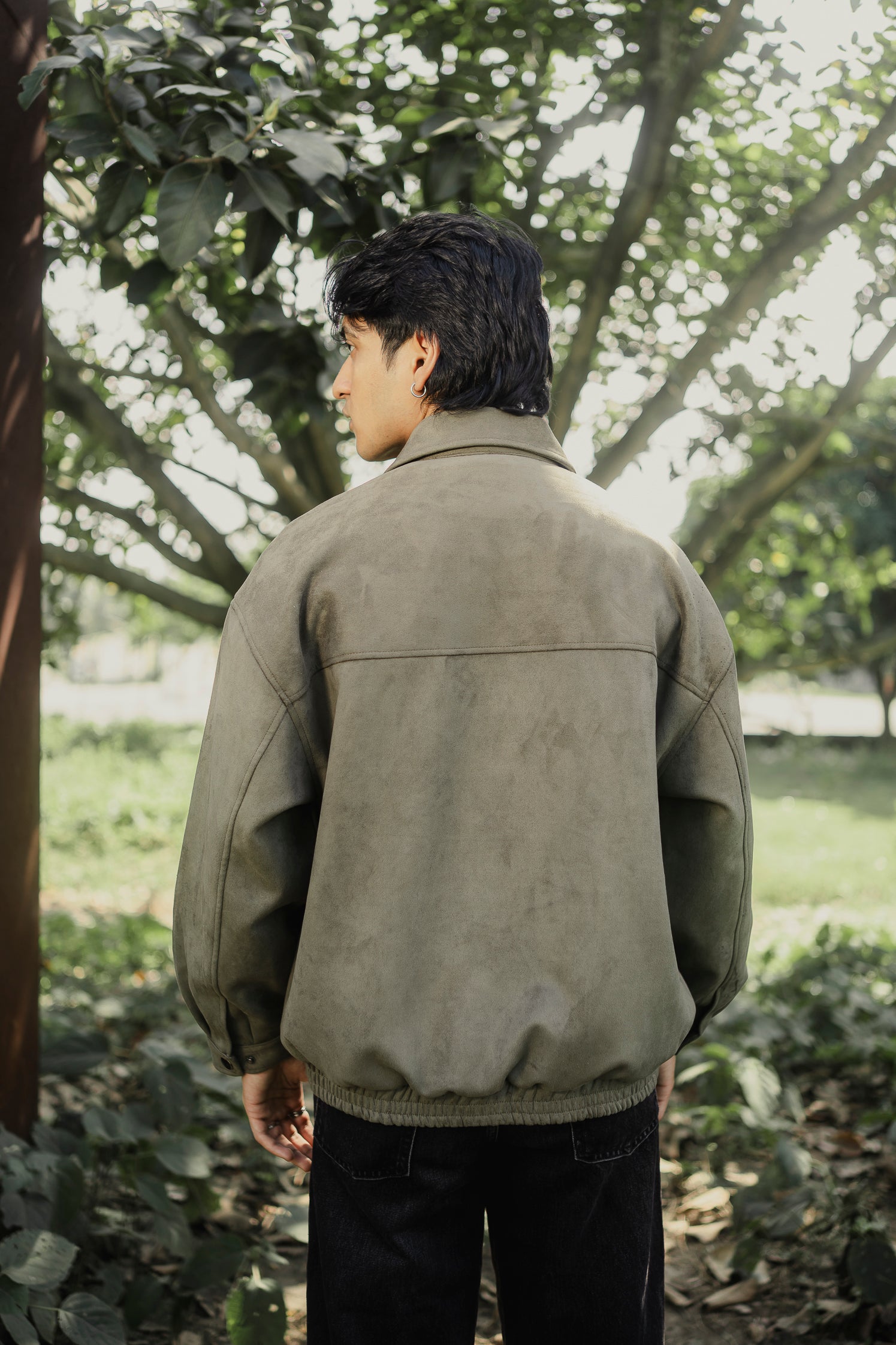 Suede Leather Oversized Jacket for Men - Olive Green