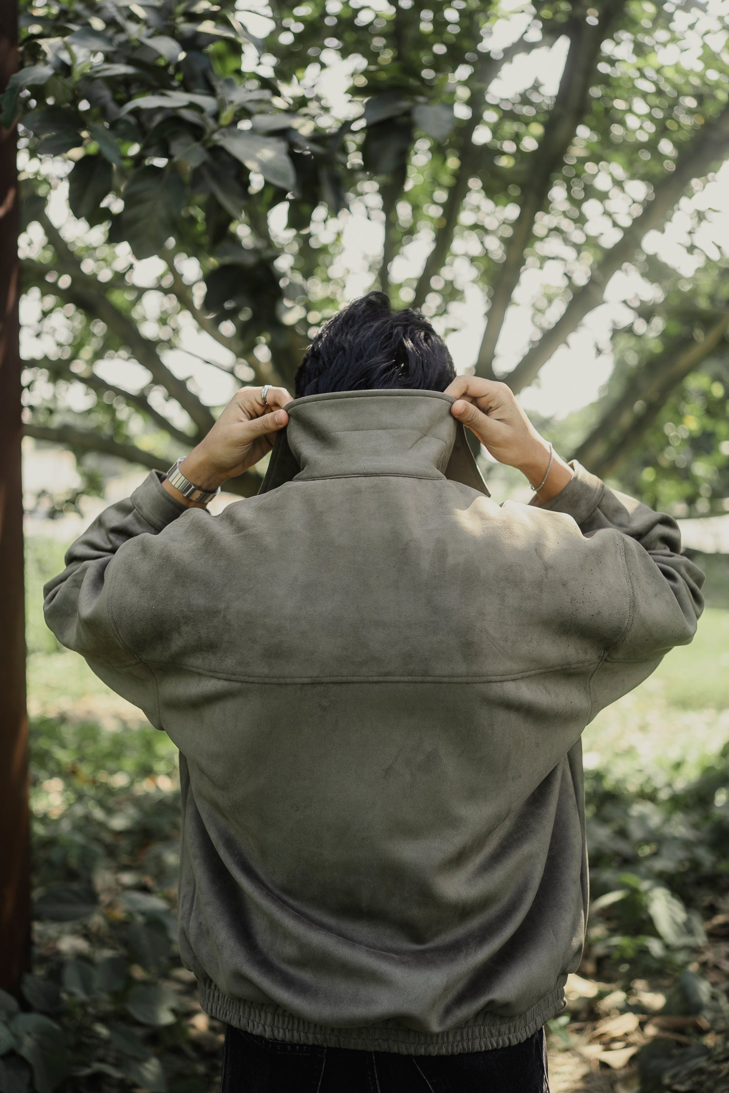 Suede Leather Oversized Jacket for Men - Olive Green