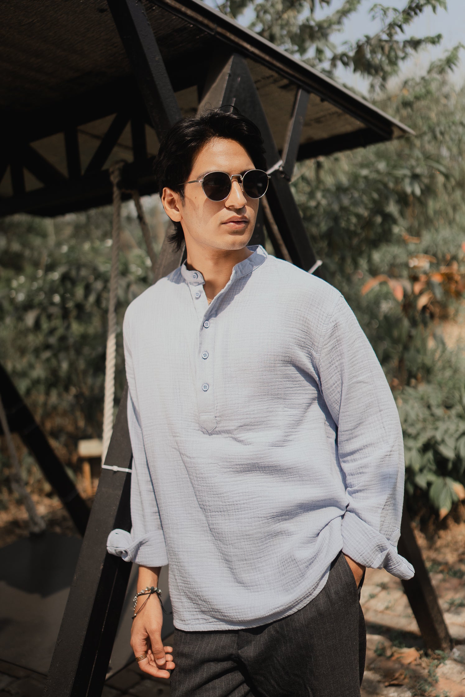 Waffle Henley - Katua - For Men - Powder Blue