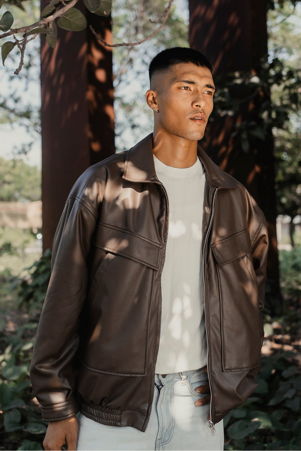 Faux Leather Oversized Jacket for Men - Matte Brown