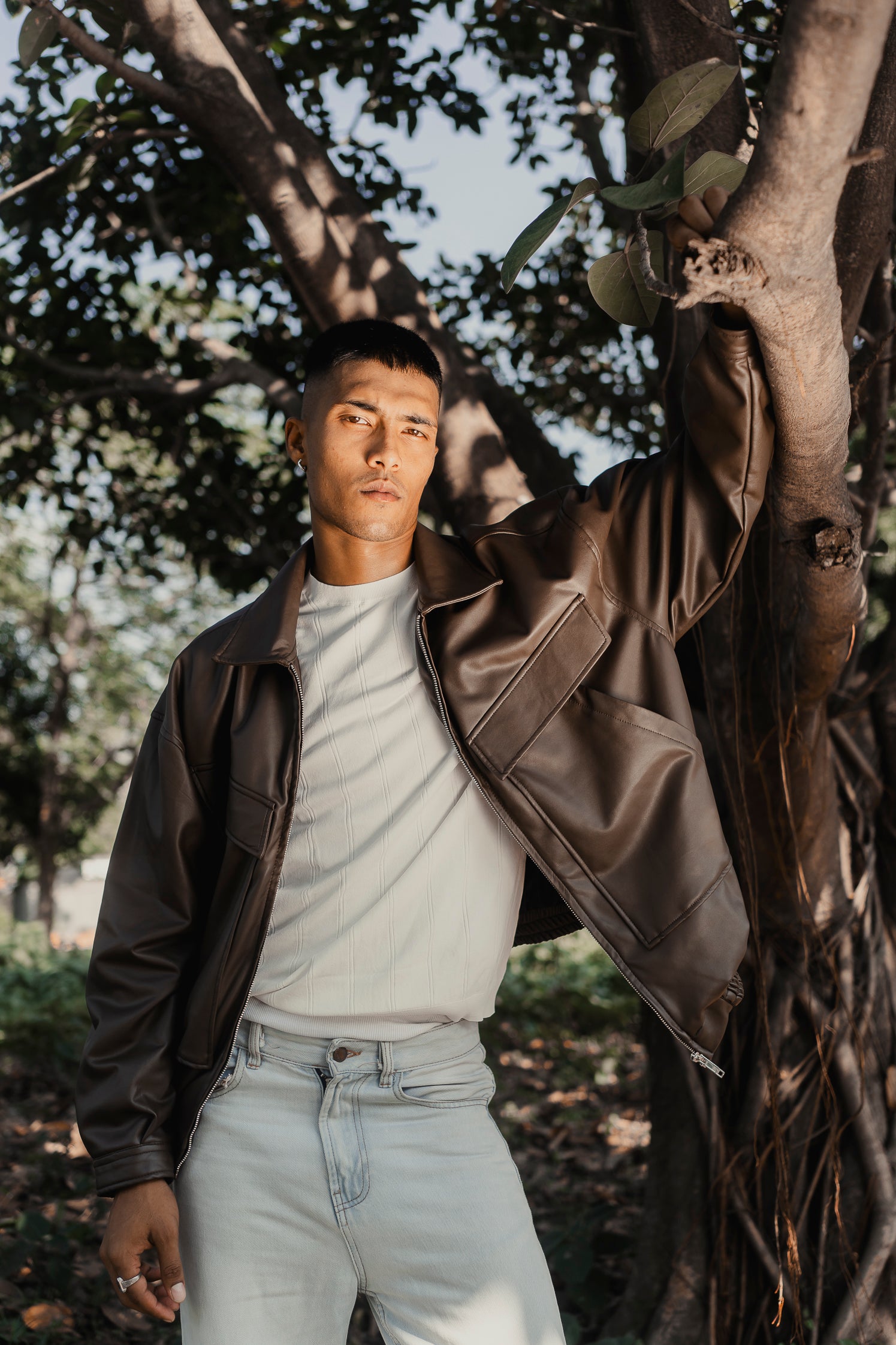 Faux Leather Oversized Jacket for Men - Matte Brown