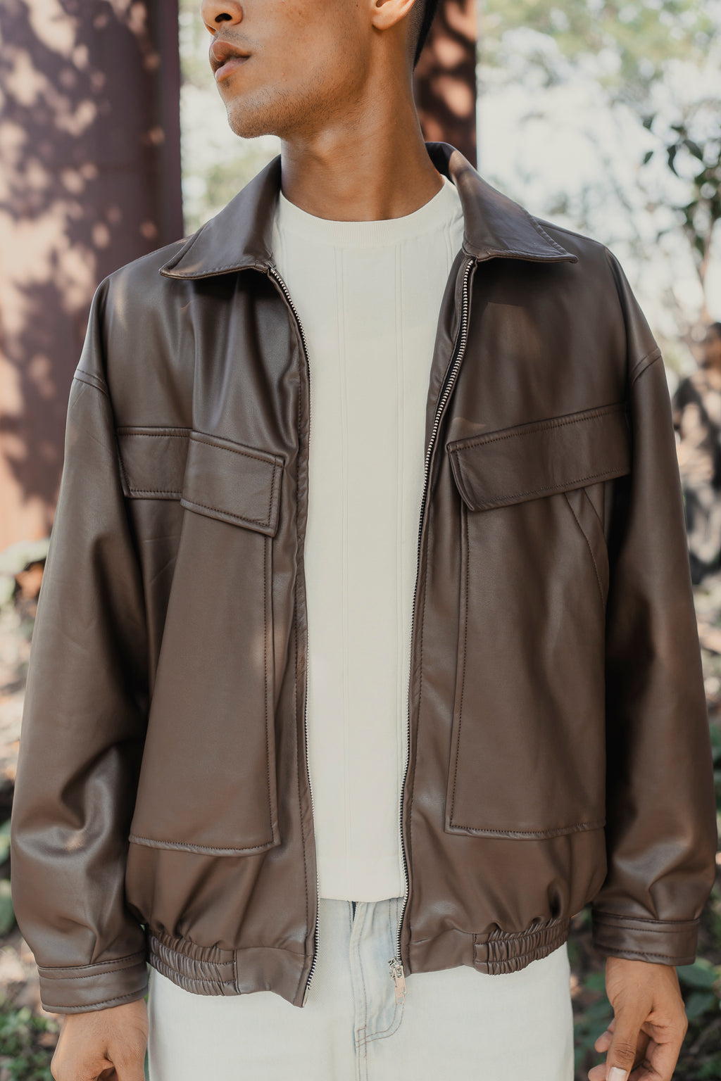 Faux Leather Oversized Jacket for Men - Matte Brown