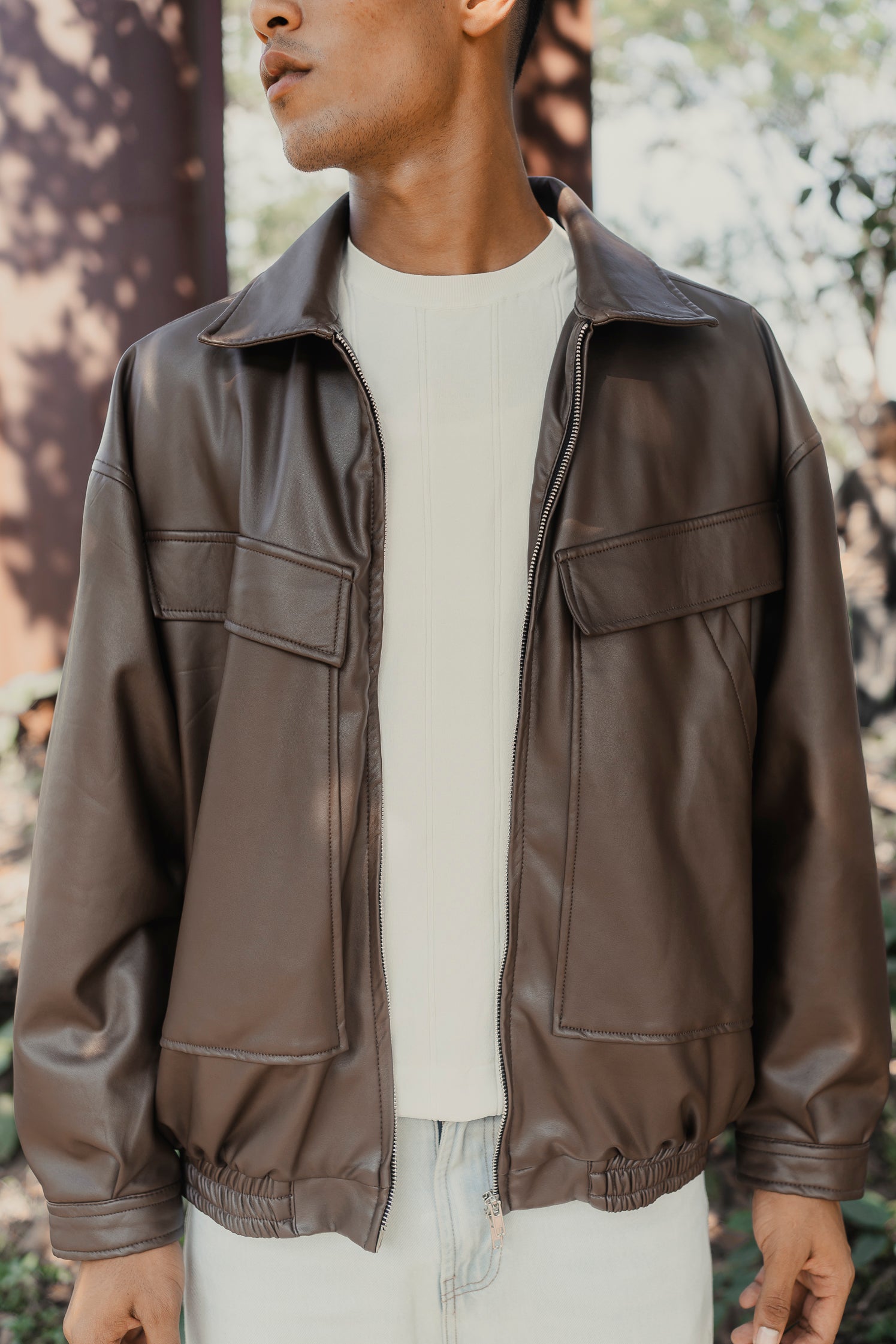 Faux Leather Oversized Jacket for Men - Matte Brown
