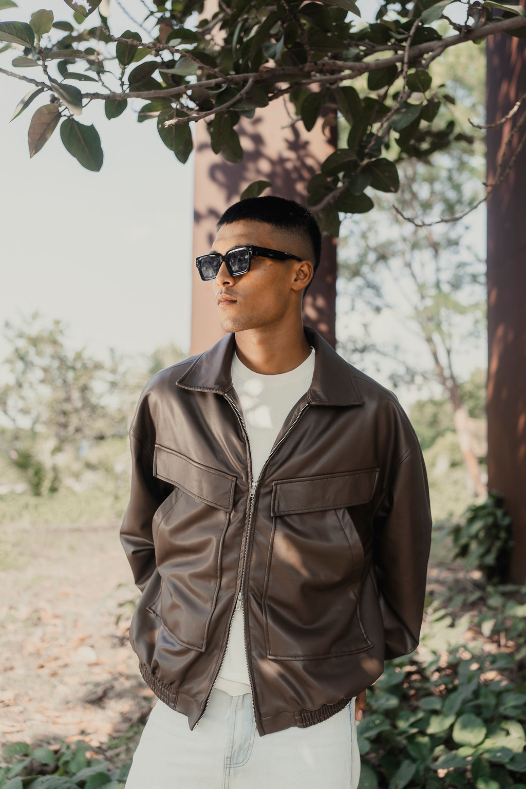 Faux Leather Oversized Jacket for Men - Matte Brown