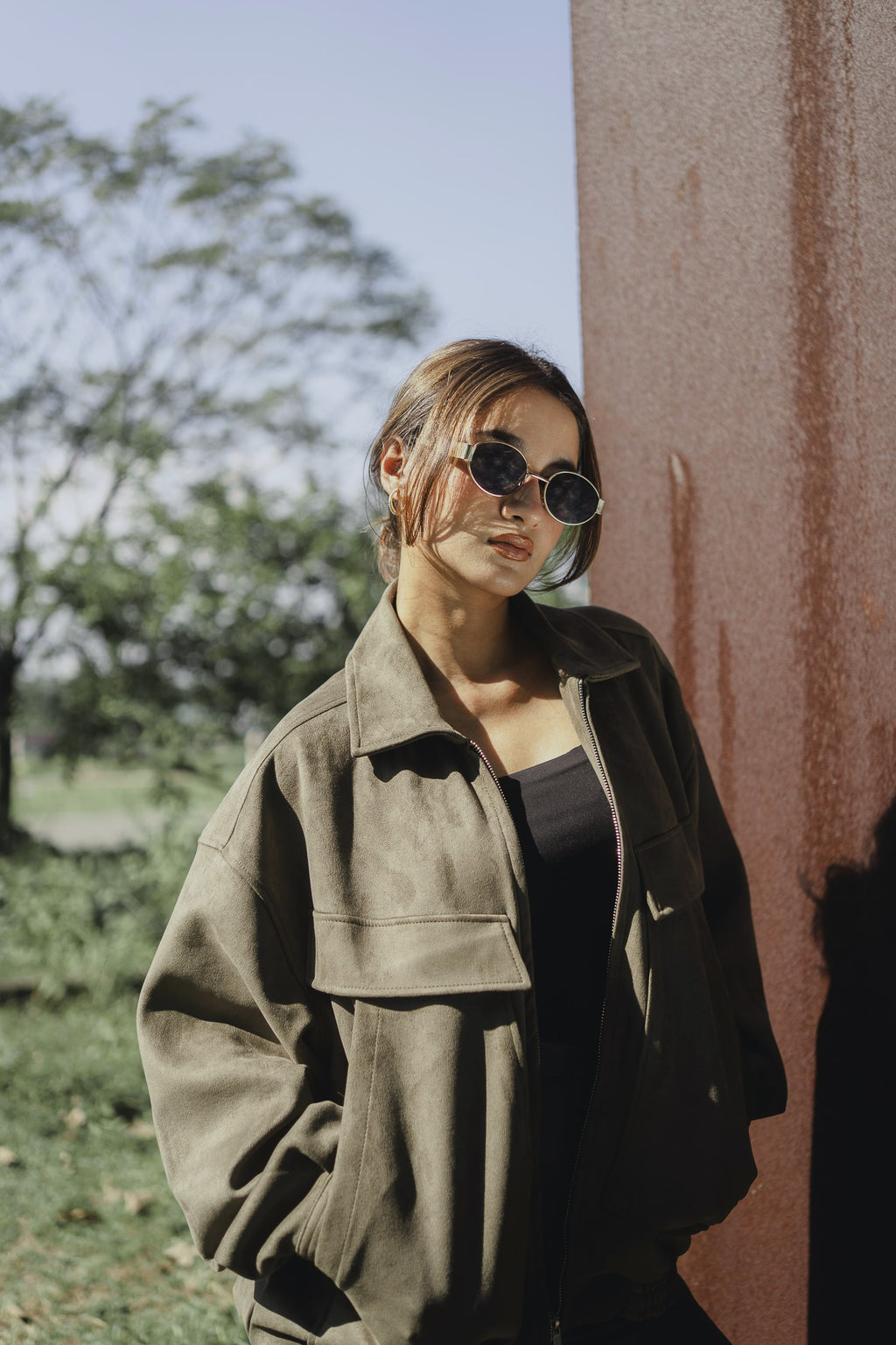 Suede Leather Oversized Jacket  - Olive Green - Unisex