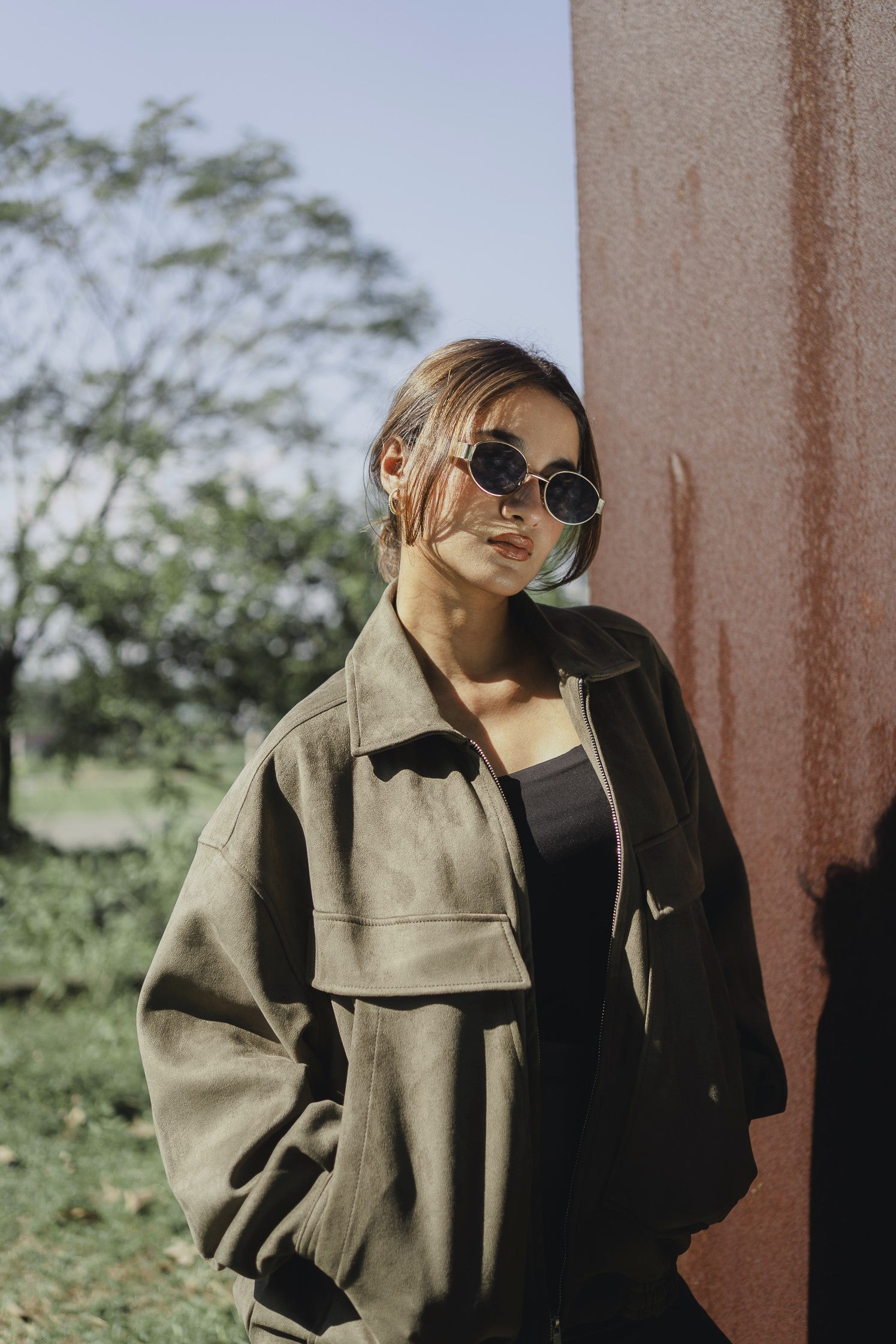 Suede Leather Oversized Jacket  - Olive Green - Unisex