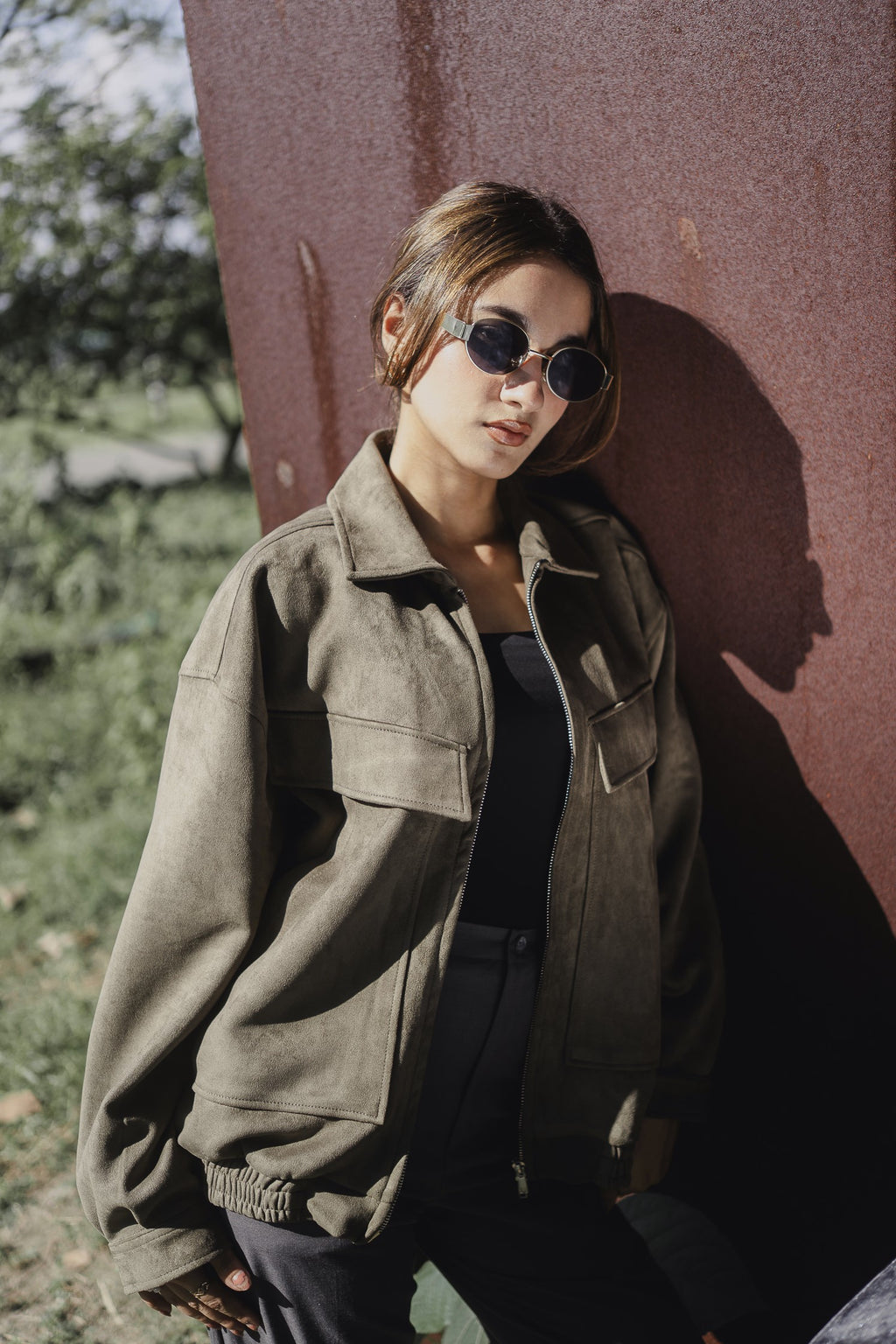 Suede Leather Oversized Jacket  - Olive Green - Unisex