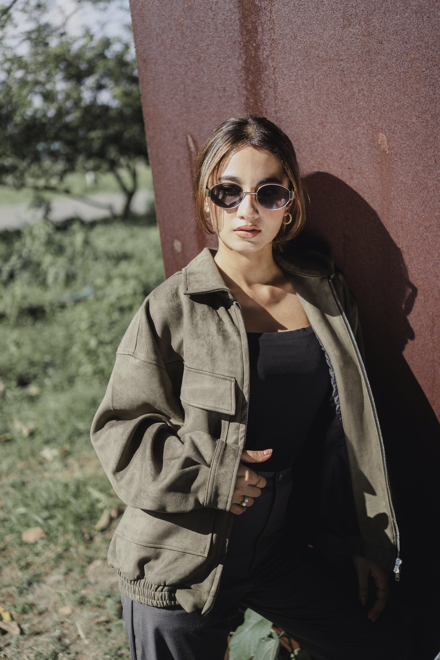 Suede Leather Oversized Jacket  - Olive Green - Unisex