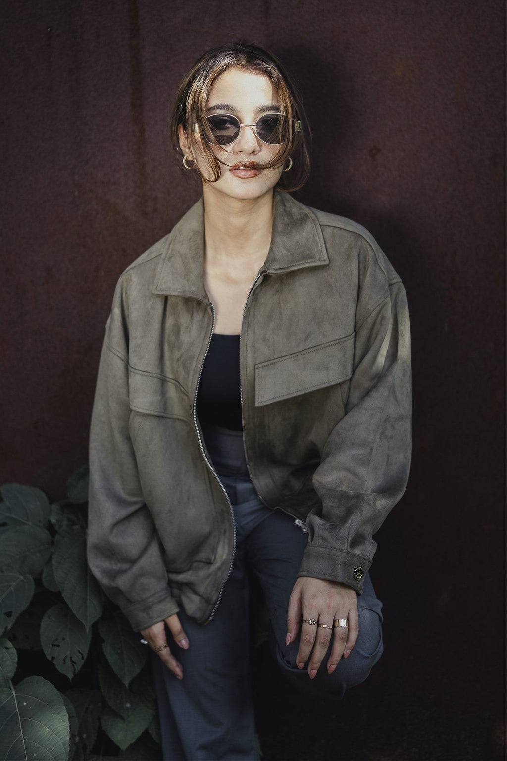 Suede Leather Oversized Jacket  - Olive Green - Unisex