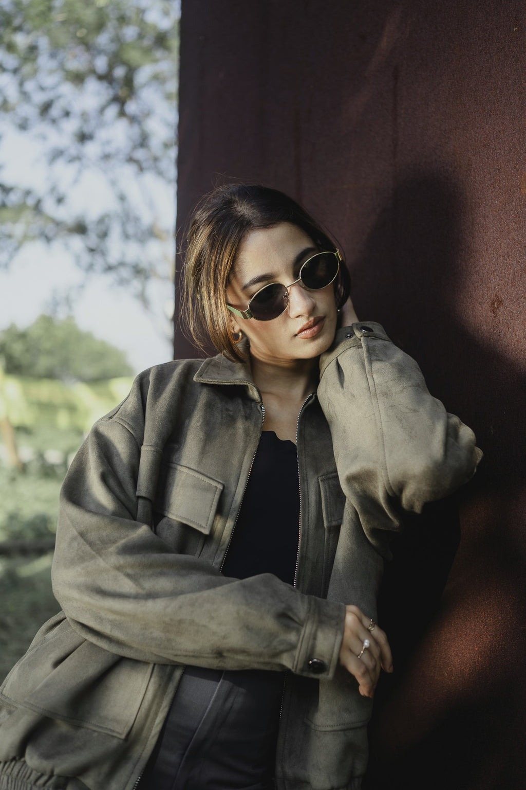 Suede Leather Oversized Jacket  - Olive Green - Unisex