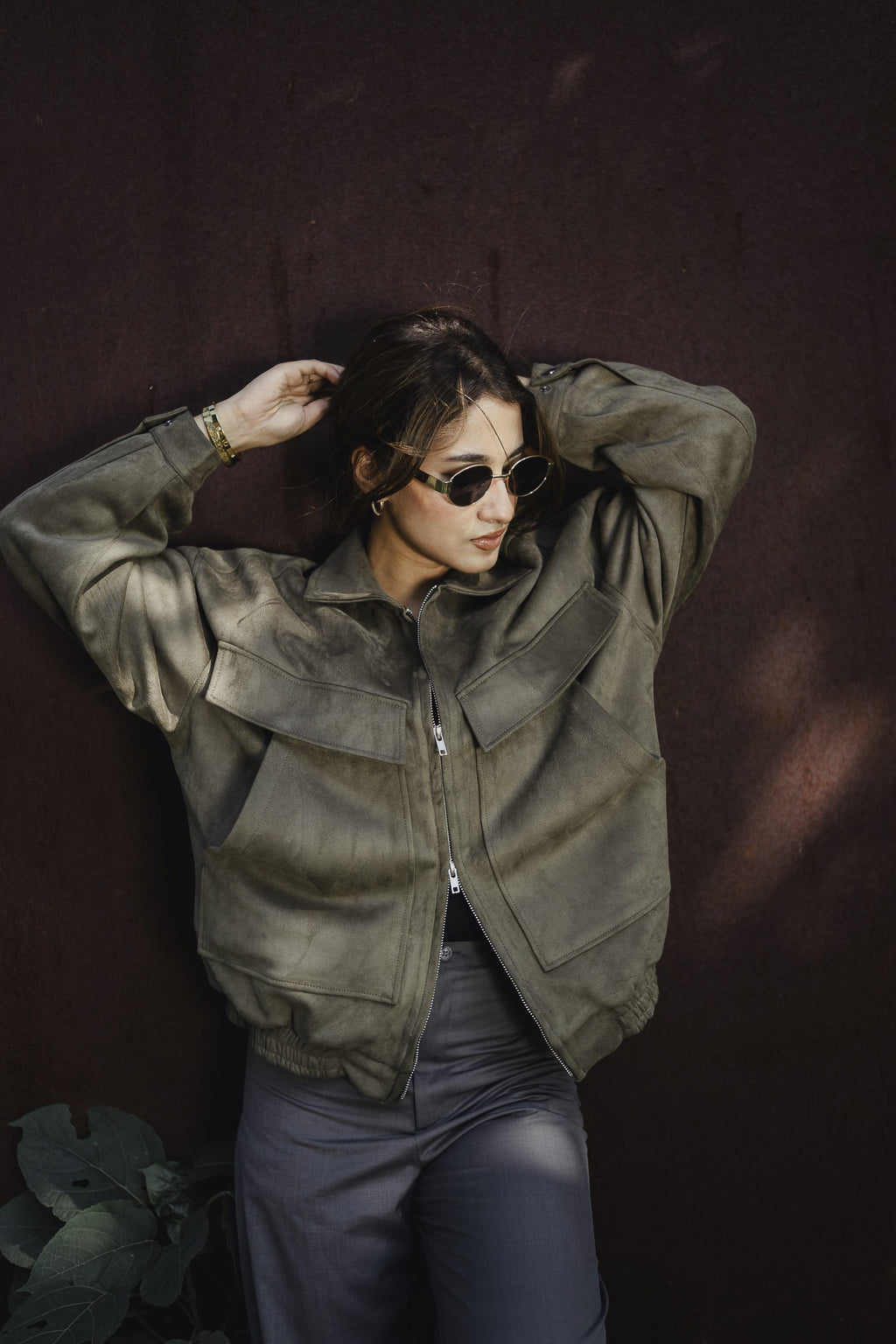 Suede Leather Oversized Jacket  - Olive Green - Unisex