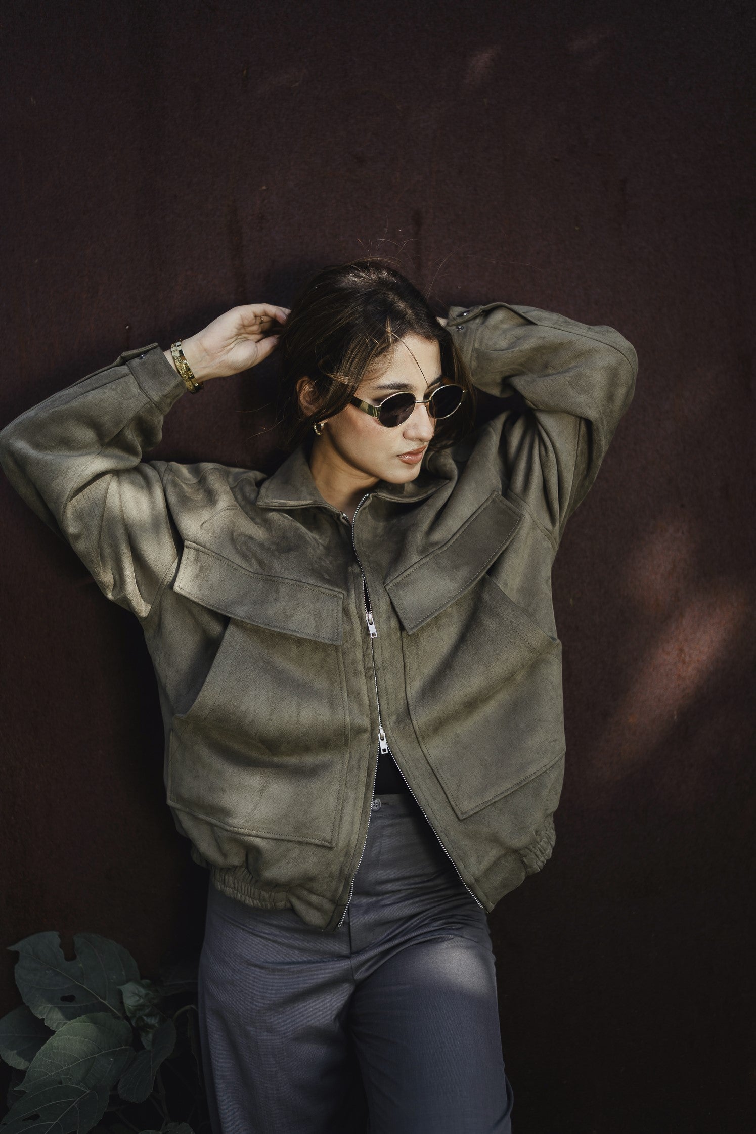 Suede Leather Oversized Jacket  - Olive Green - Unisex