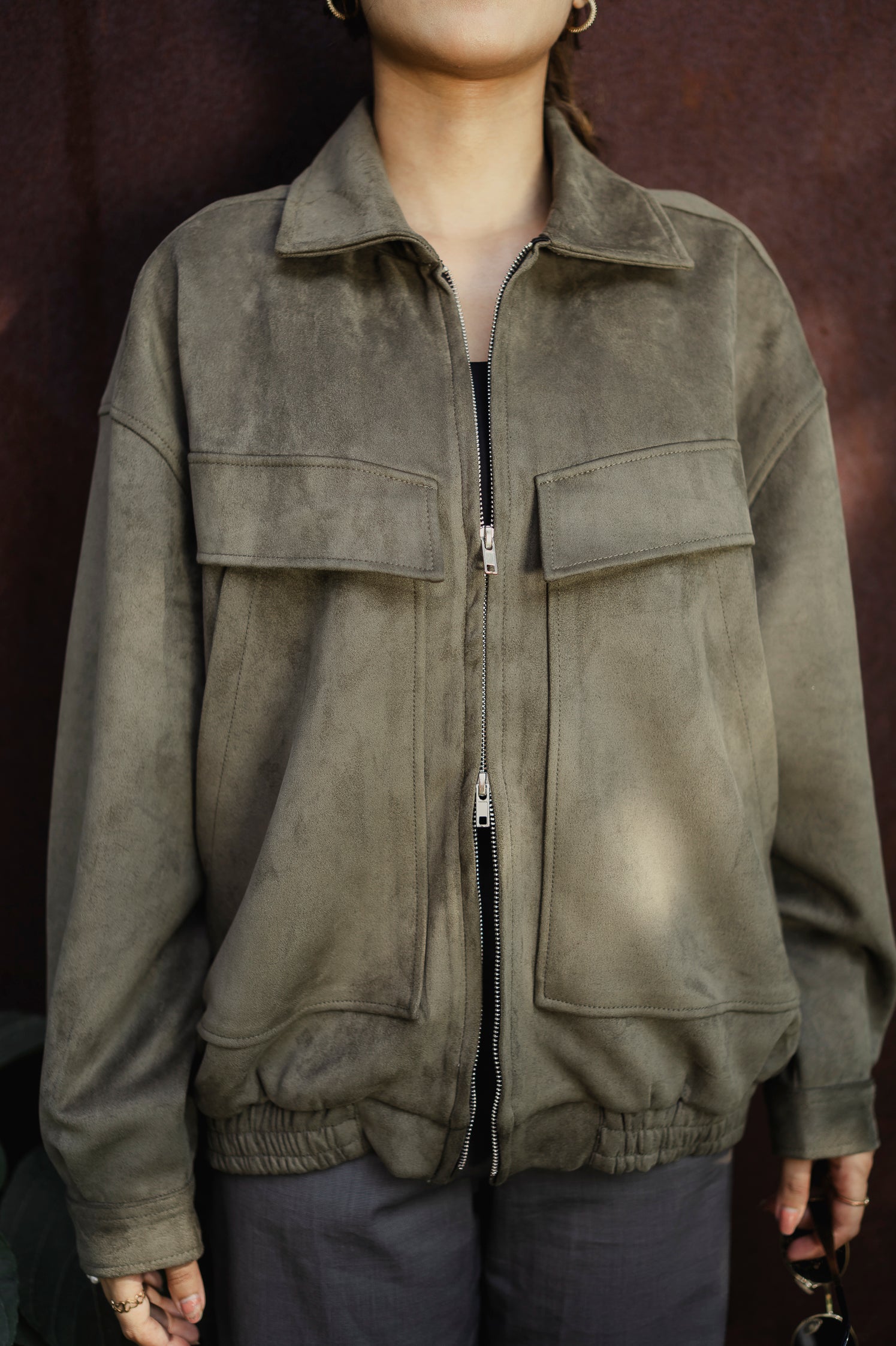Suede Leather Oversized Jacket  - Olive Green - Unisex