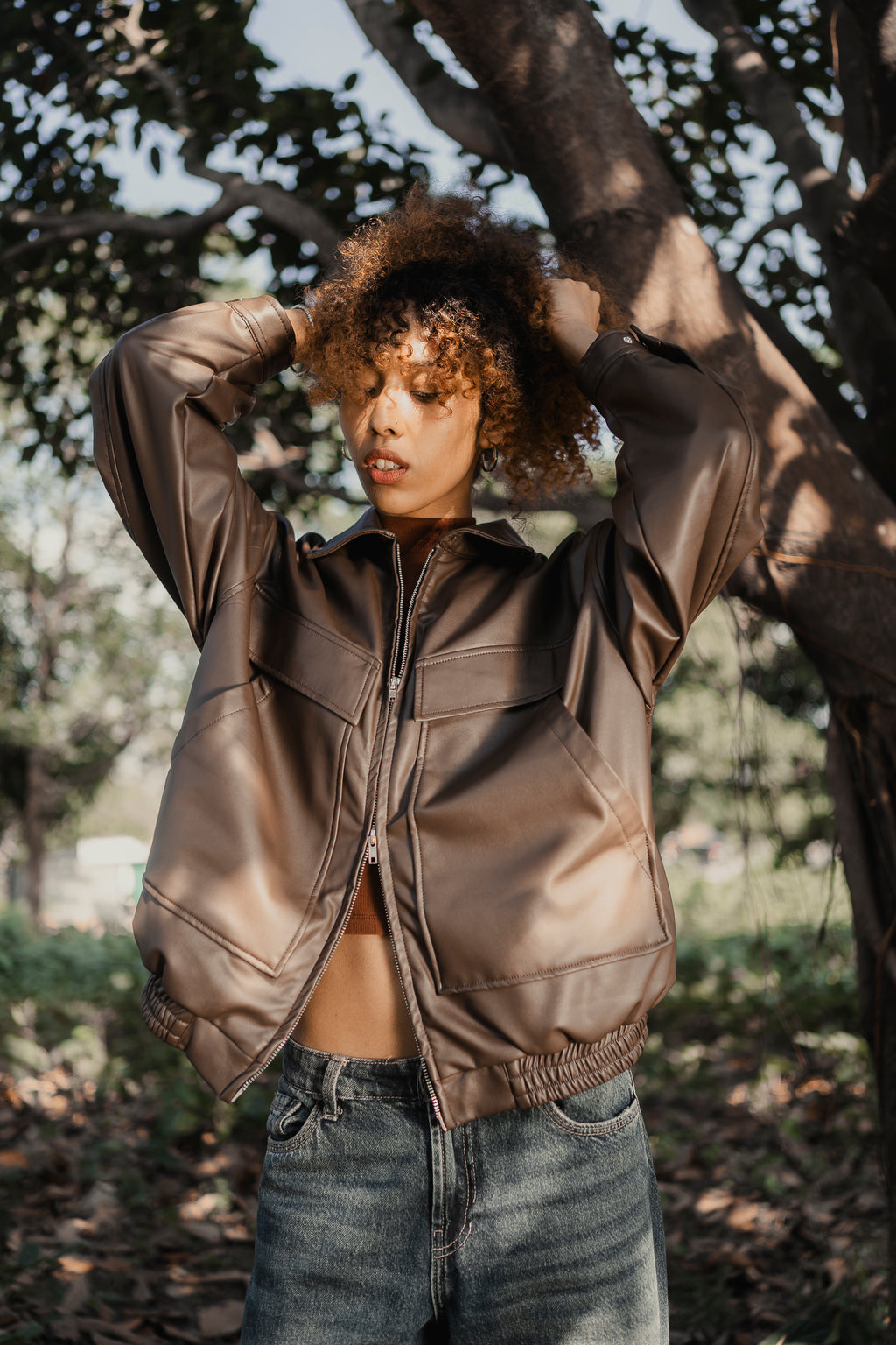 Faux Leather Oversized Jacket  - Matte Brown - Unisex