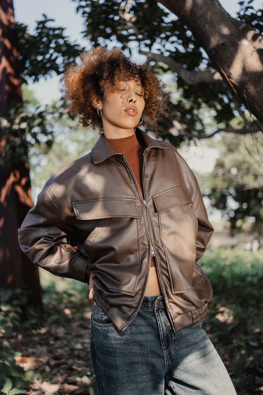 Faux Leather Oversized Jacket  - Matte Brown - Unisex