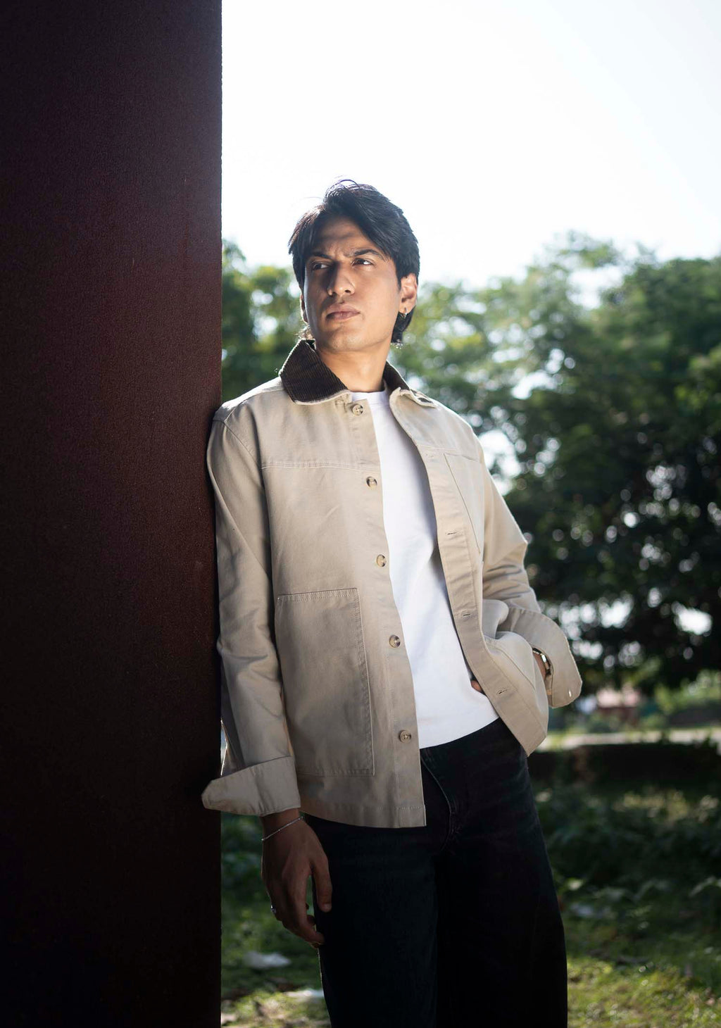 Chore Utility Jacket for Men - Beige Body with Dark Brown Contrast Collar