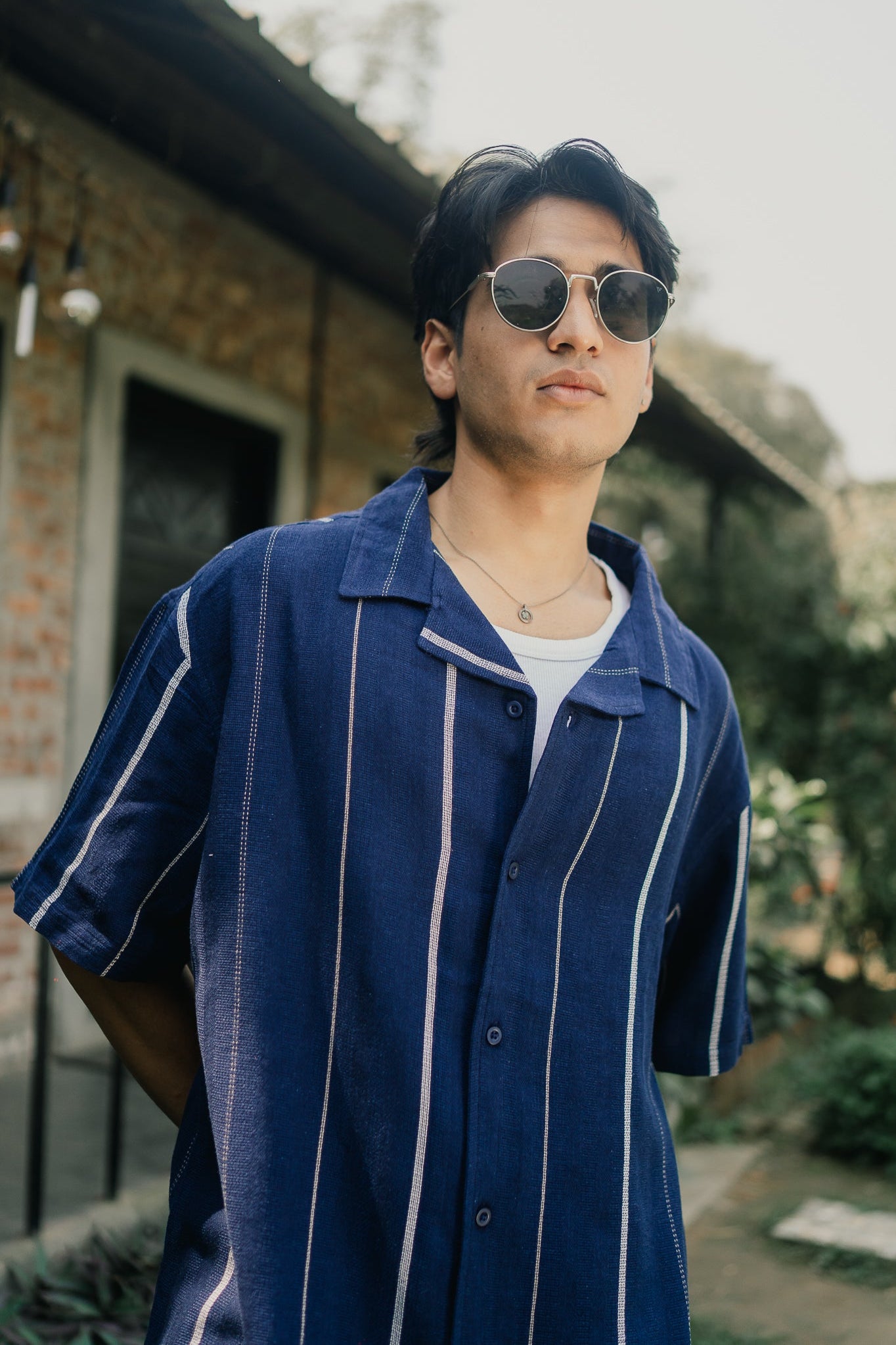 Revere Cuba - Navy Blue and White Stripe Textured Cuba - Revere Shirt For Men
