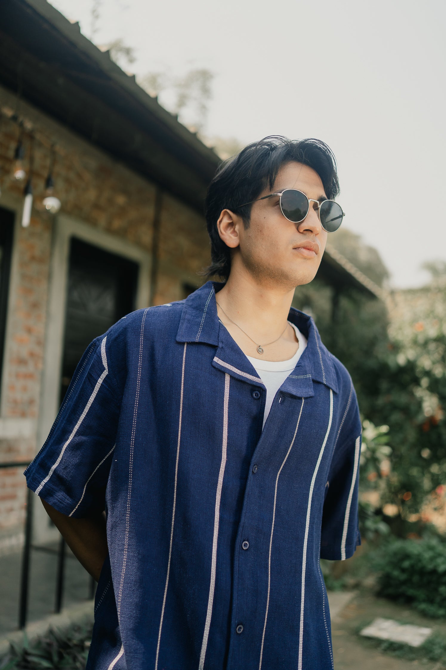 Revere Cuba - Navy Blue and White Stripe Textured Cuba - Revere Shirt For Men