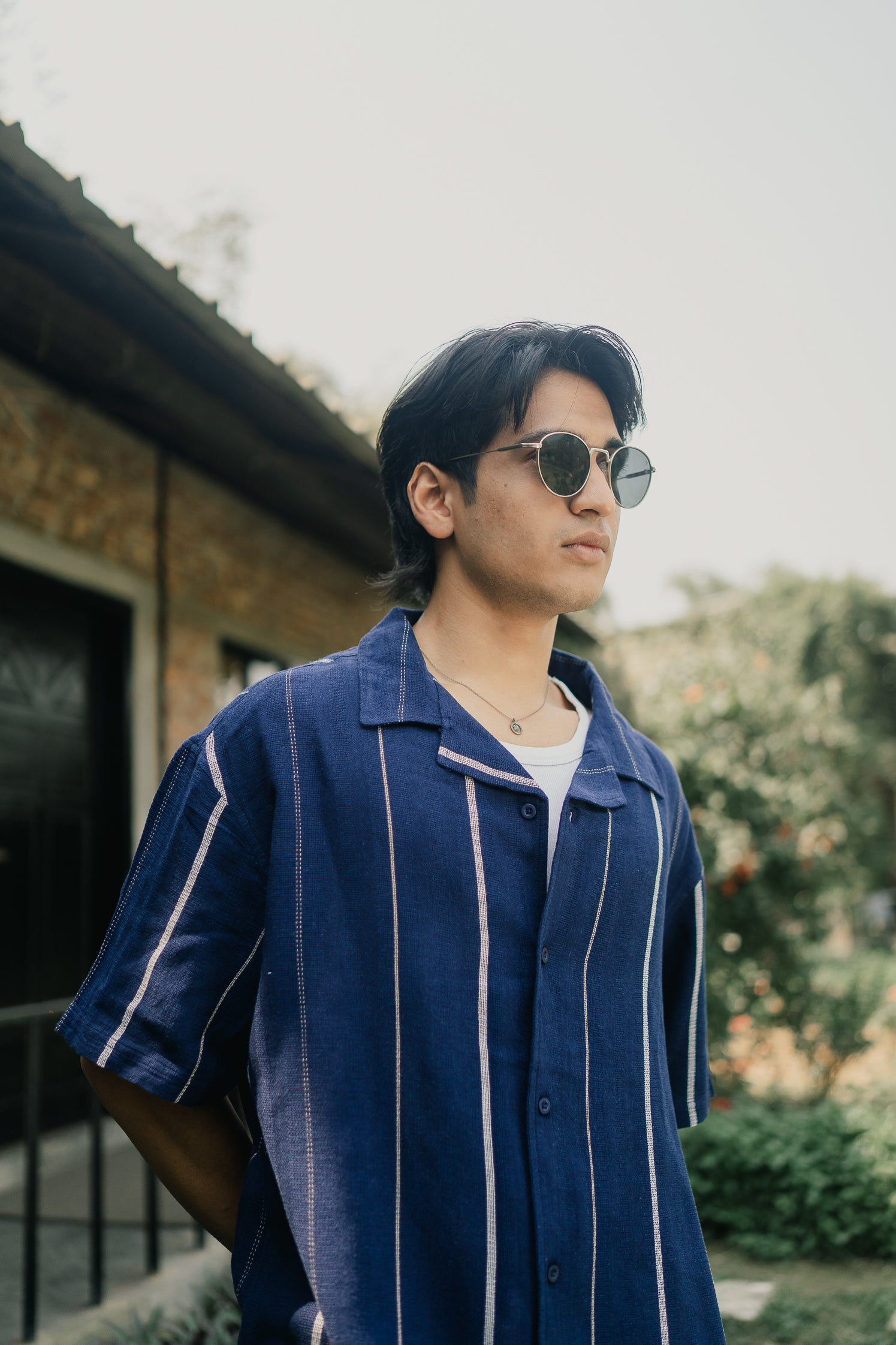 Revere Cuba - Navy Blue and White Stripe Textured Cuba - Revere Shirt For Men
