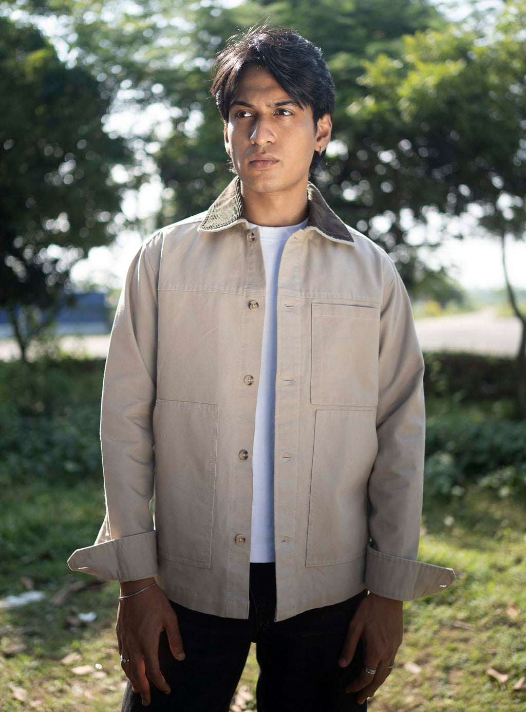Chore Utility Jacket for Men - Beige Body with Dark Brown Contrast Collar