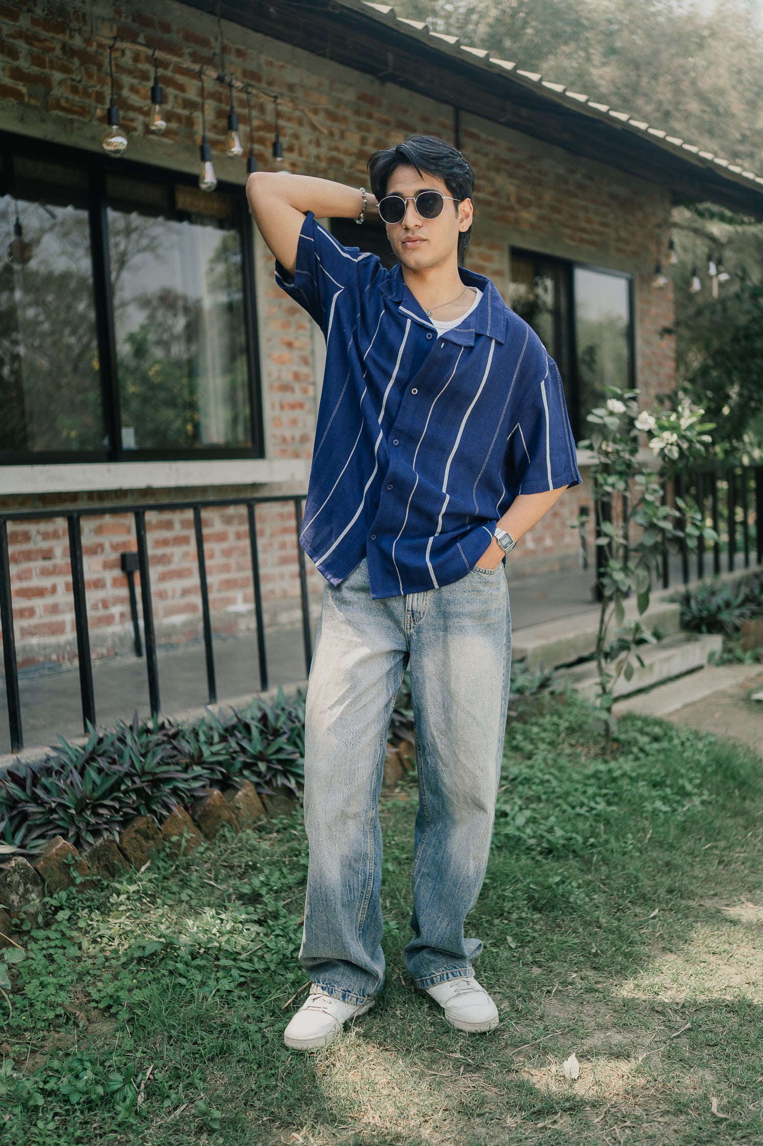 Revere Cuba - Navy Blue and White Stripe Textured Cuba - Revere Shirt For Men