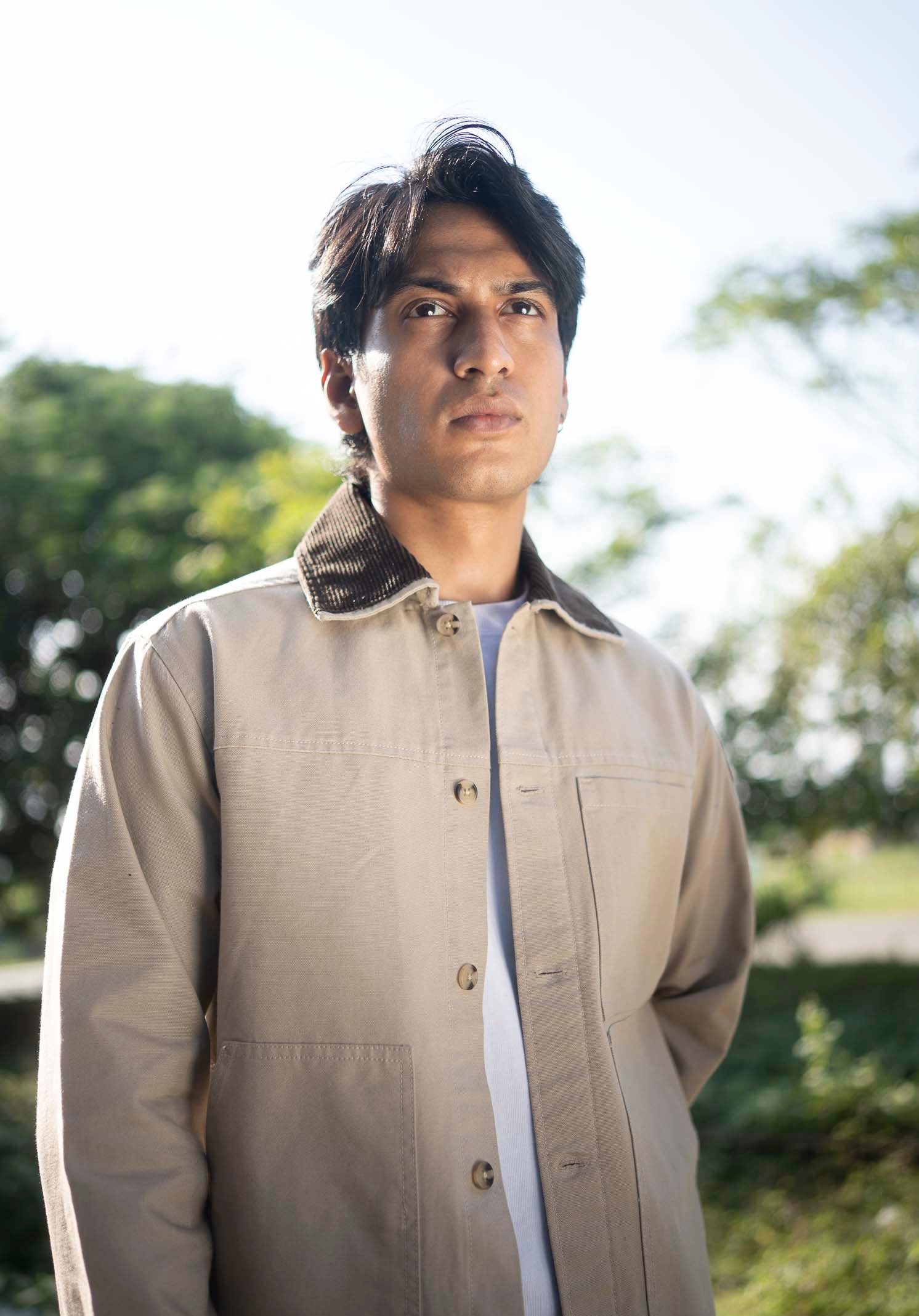 Chore Utility Jacket for Men - Beige Body with Dark Brown Contrast Collar