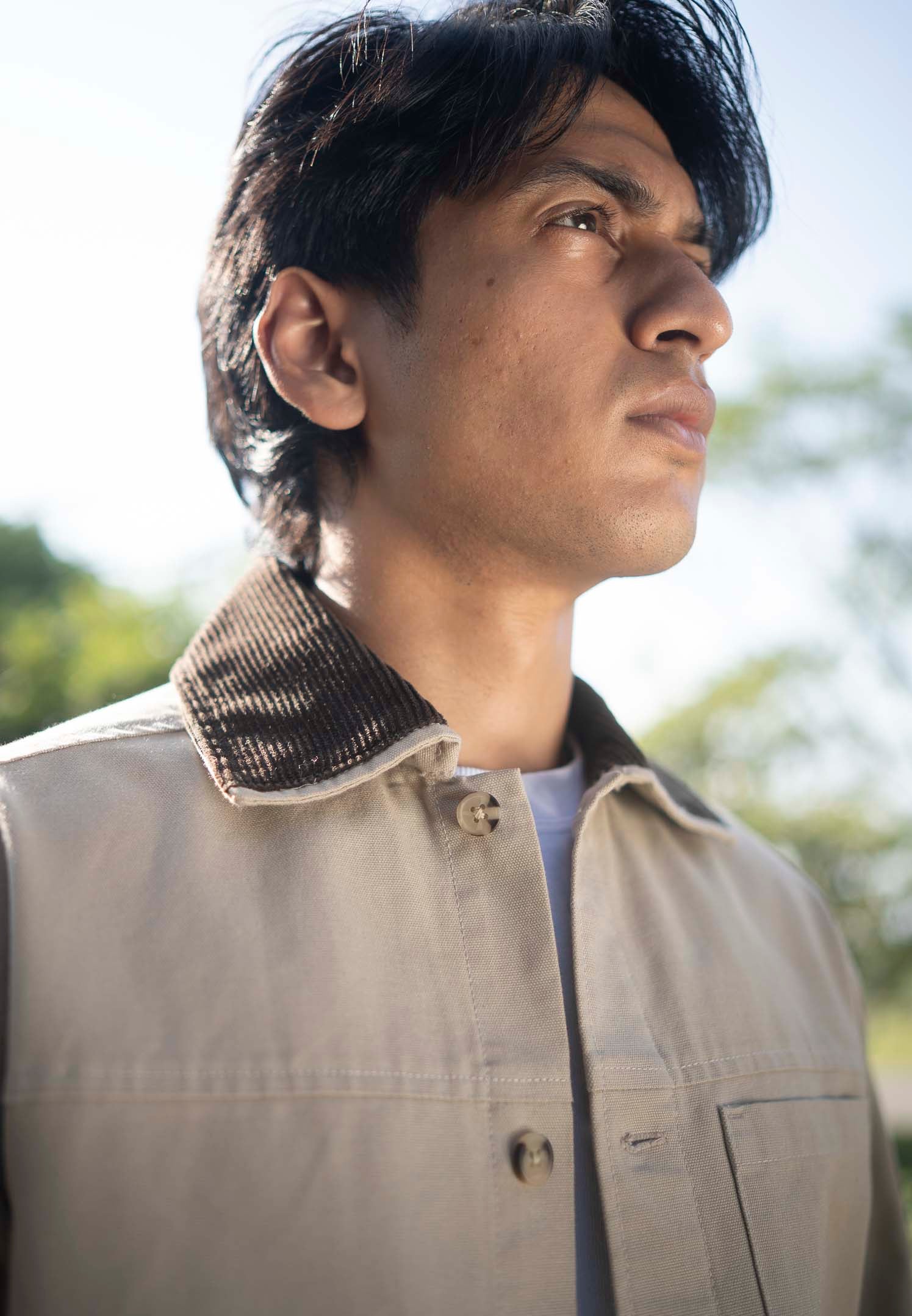 Chore Utility Jacket for Men - Beige Body with Dark Brown Contrast Collar