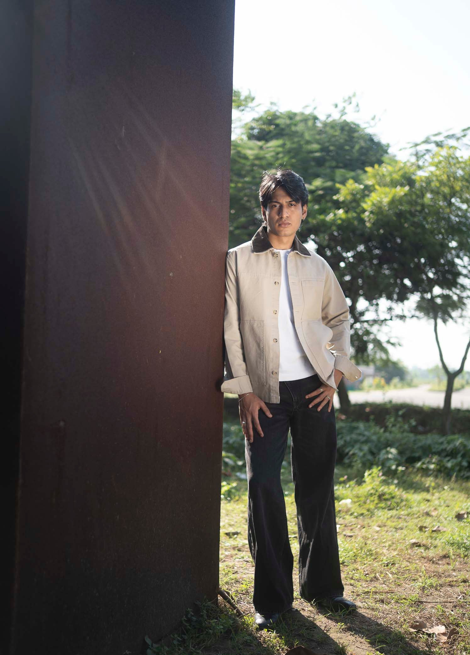 Chore Utility Jacket for Men - Beige Body with Dark Brown Contrast Collar