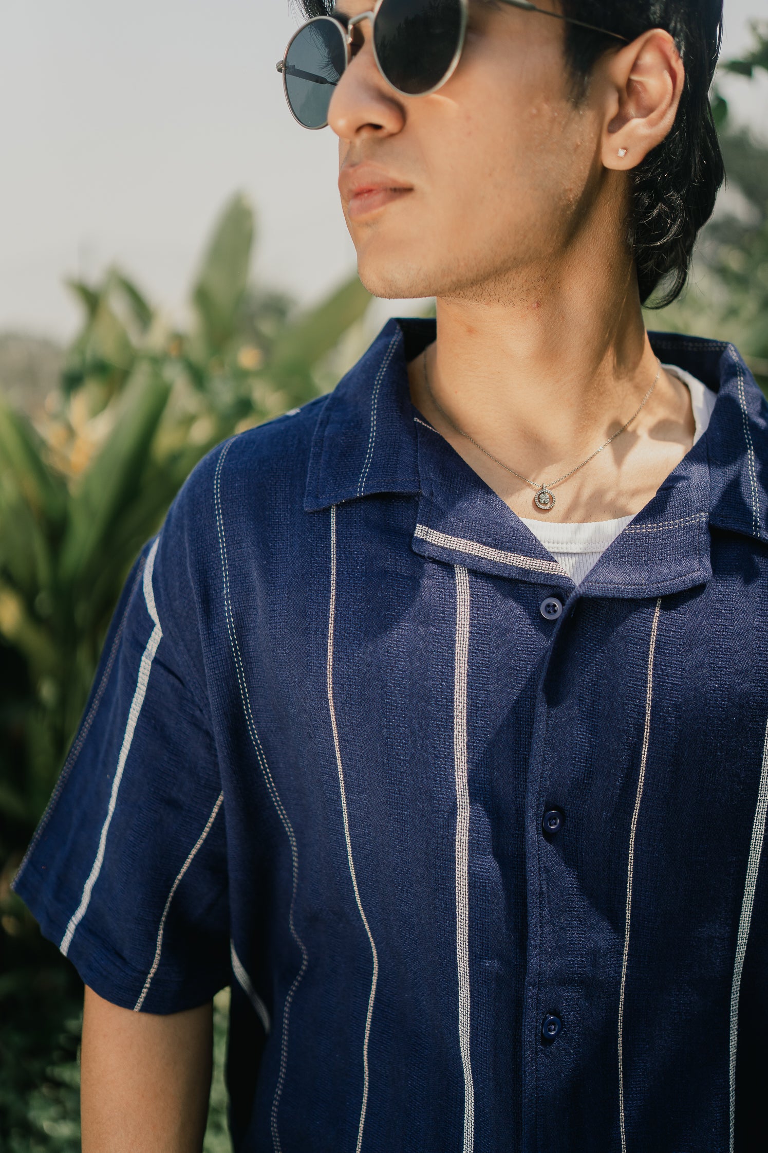 Revere Cuba - Navy Blue and White Stripe Textured Cuba - Revere Shirt For Men