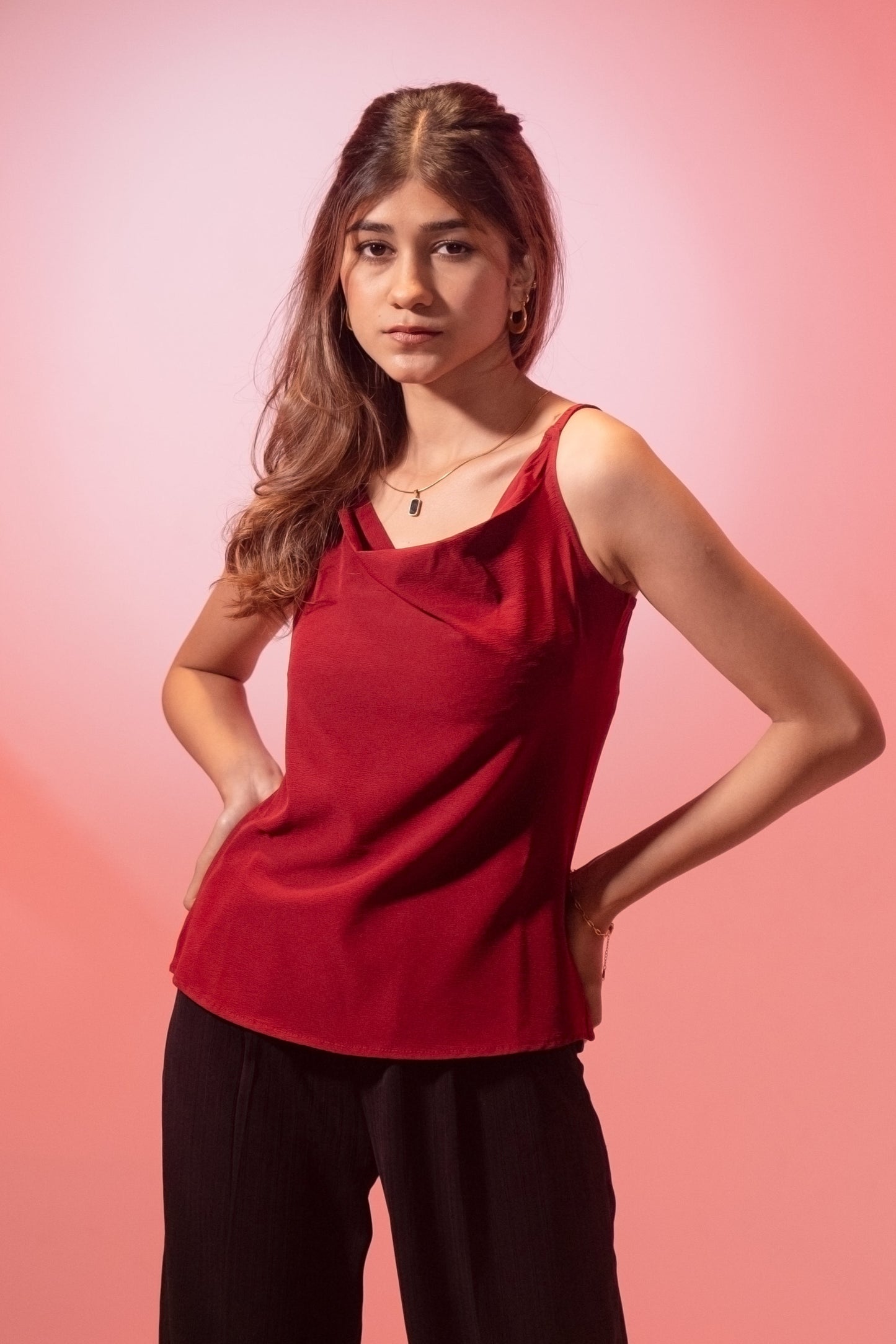 Thin strap Cowl Neck Top- Scarlet